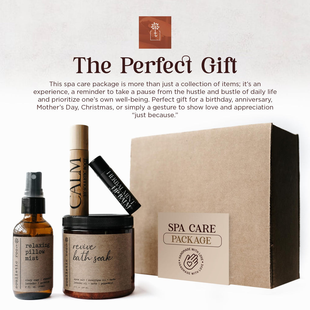 SOULISTIC ROOT Self-Care Set - Luxury Spa Bath Kit, Pillow Mist, Cooling Lip Balm, Tranquil Essential Oil Roller & Epsom Salt Bath Soak Pampering Package, Holistic Gifts for Him & Her