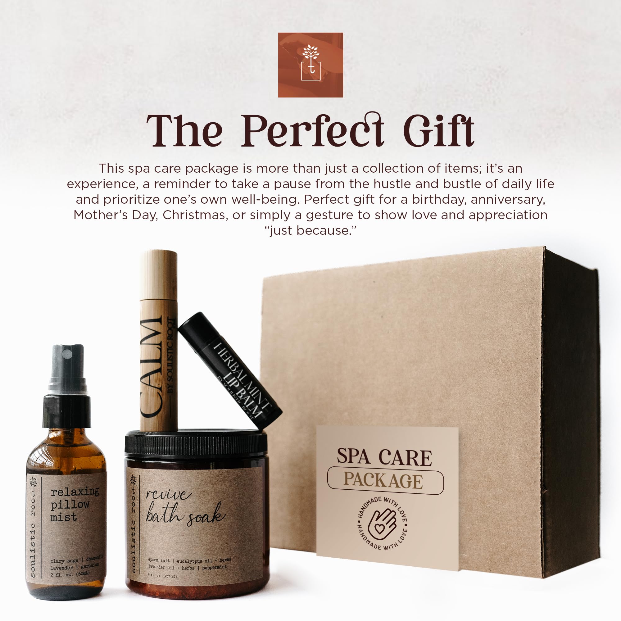 SOULISTIC ROOT Self-Care Set - Luxury Spa Bath Kit, Pillow Mist, Cooling Lip Balm, Tranquil Essential Oil Roller & Epsom Salt Bath Soak Pampering Package, Holistic Gifts for Him & Her