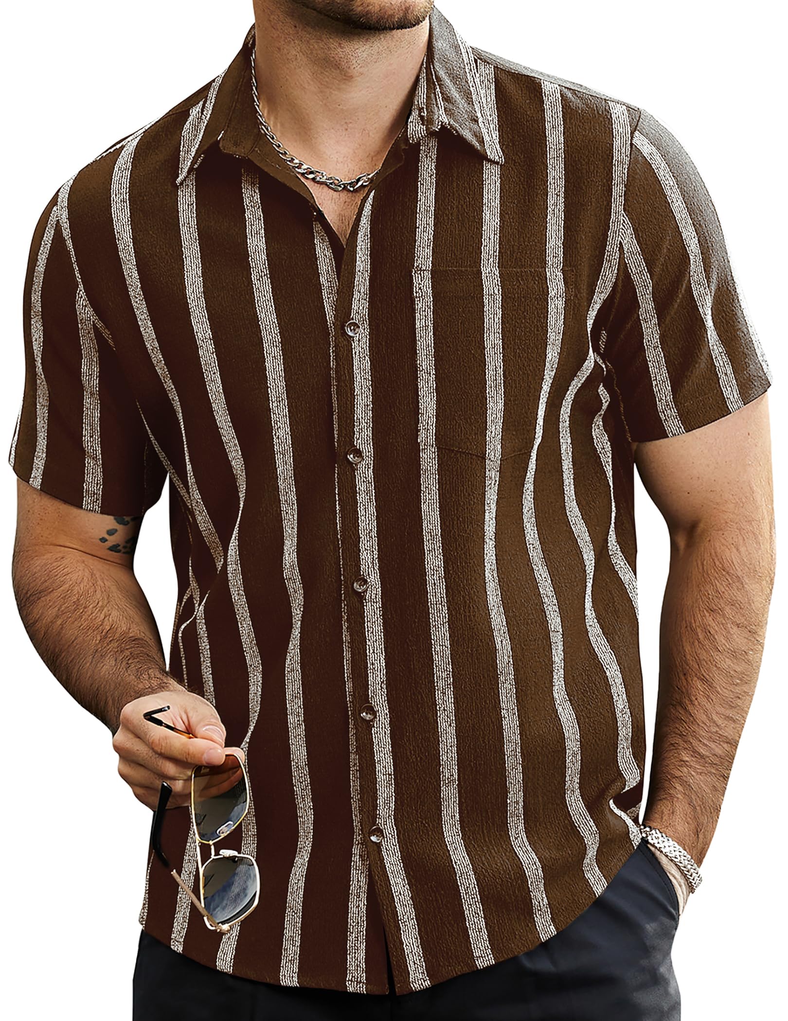 VATPAVE Mens Summer Striped Shirts Button Down Short Sleeve Vintage Beach Hawaiian Shirts with Pocket