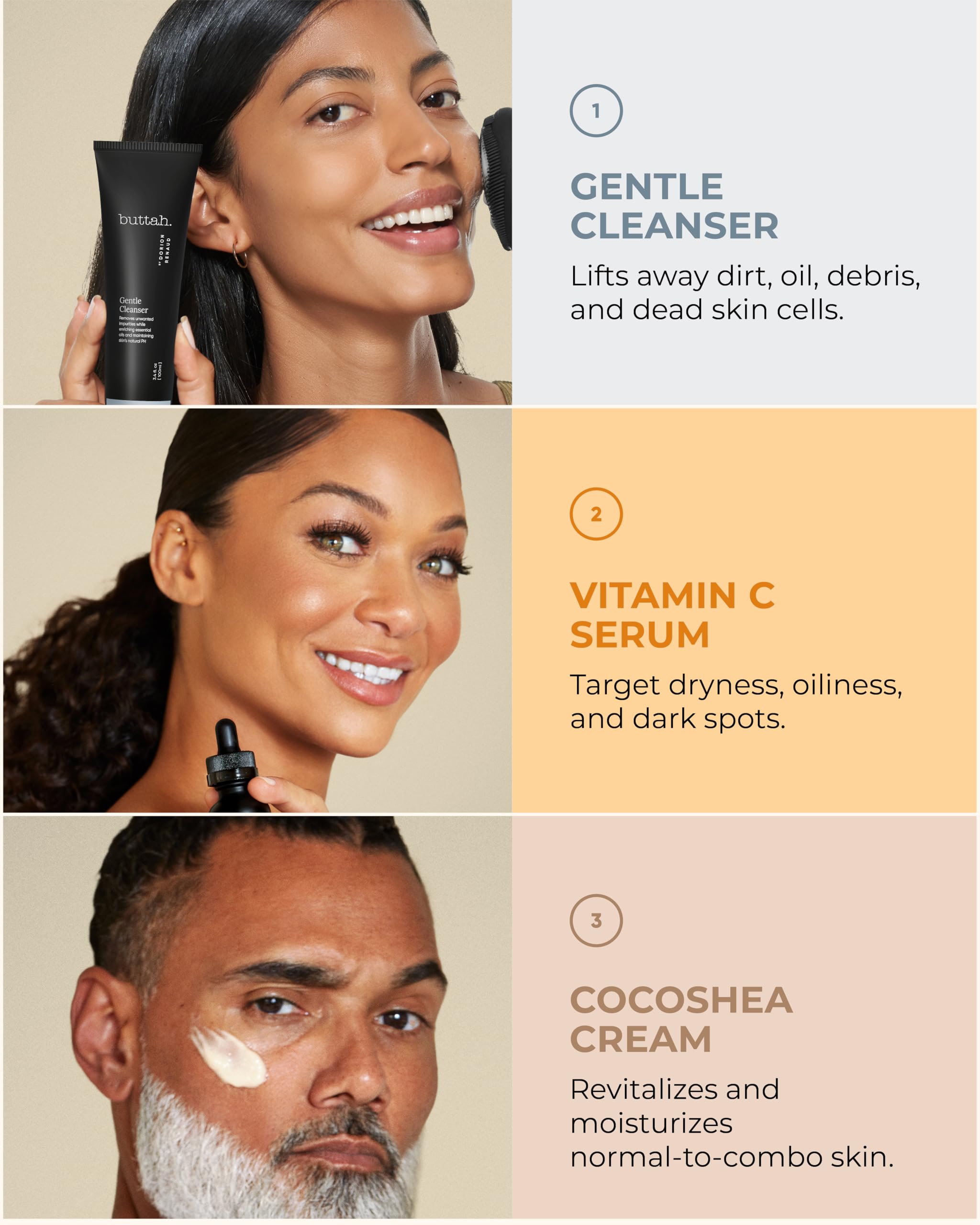 Buttah Transforming Kit for Melanin Rich Skin | Moisturizer 2 oz | Vitamin C Serum 1 oz | Cleanser 3.4 oz | Black Owned Skincare