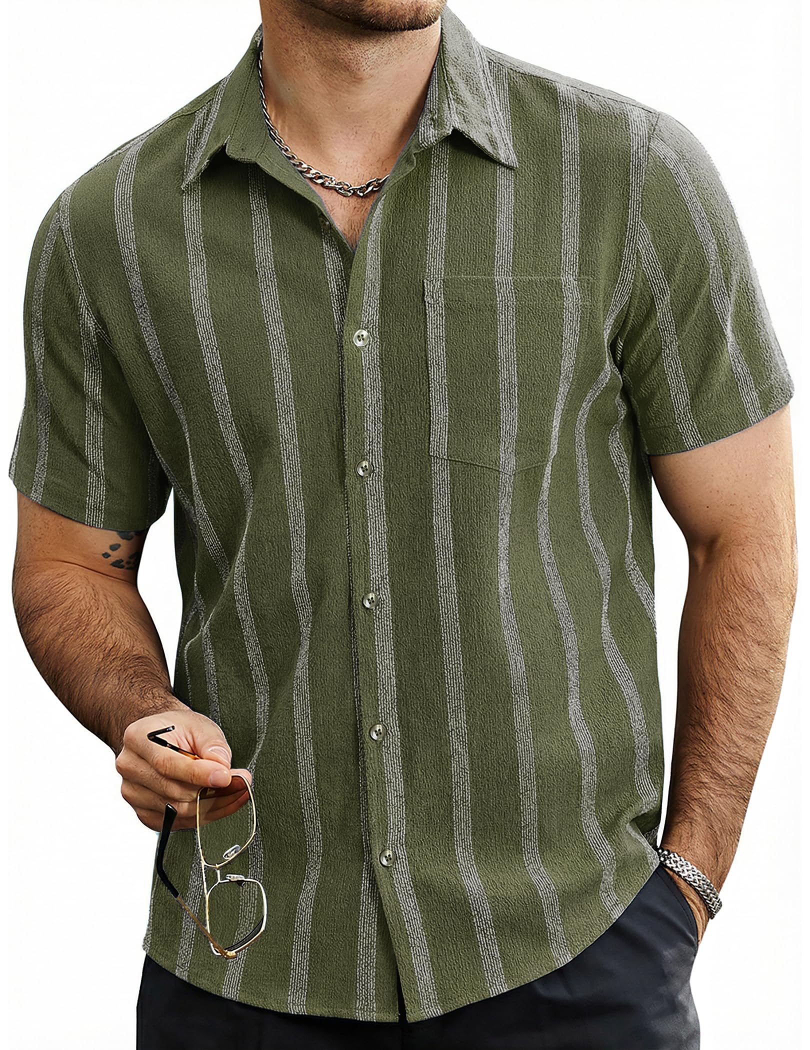 VATPAVE Mens Summer Striped Shirts Button Down Short Sleeve Vintage Beach Hawaiian Shirts with Pocket