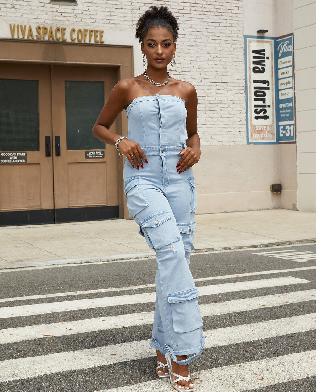 Voghtic Women's Strapless Denim Cargo Jumpsuit High Waisted Multiple Pocket Casual Outfit