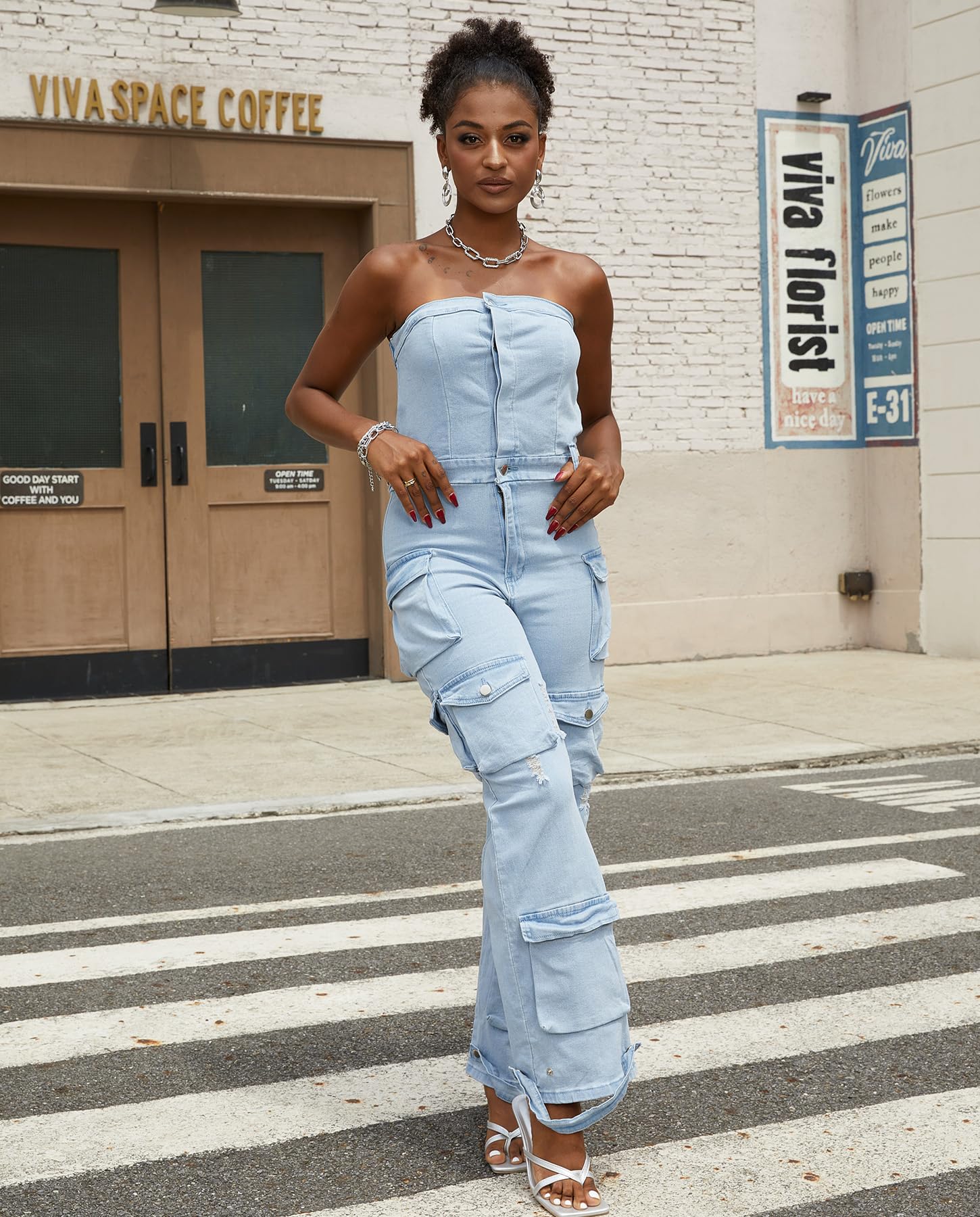 Voghtic Women's Strapless Denim Cargo Jumpsuit High Waisted Multiple Pocket Casual Outfit