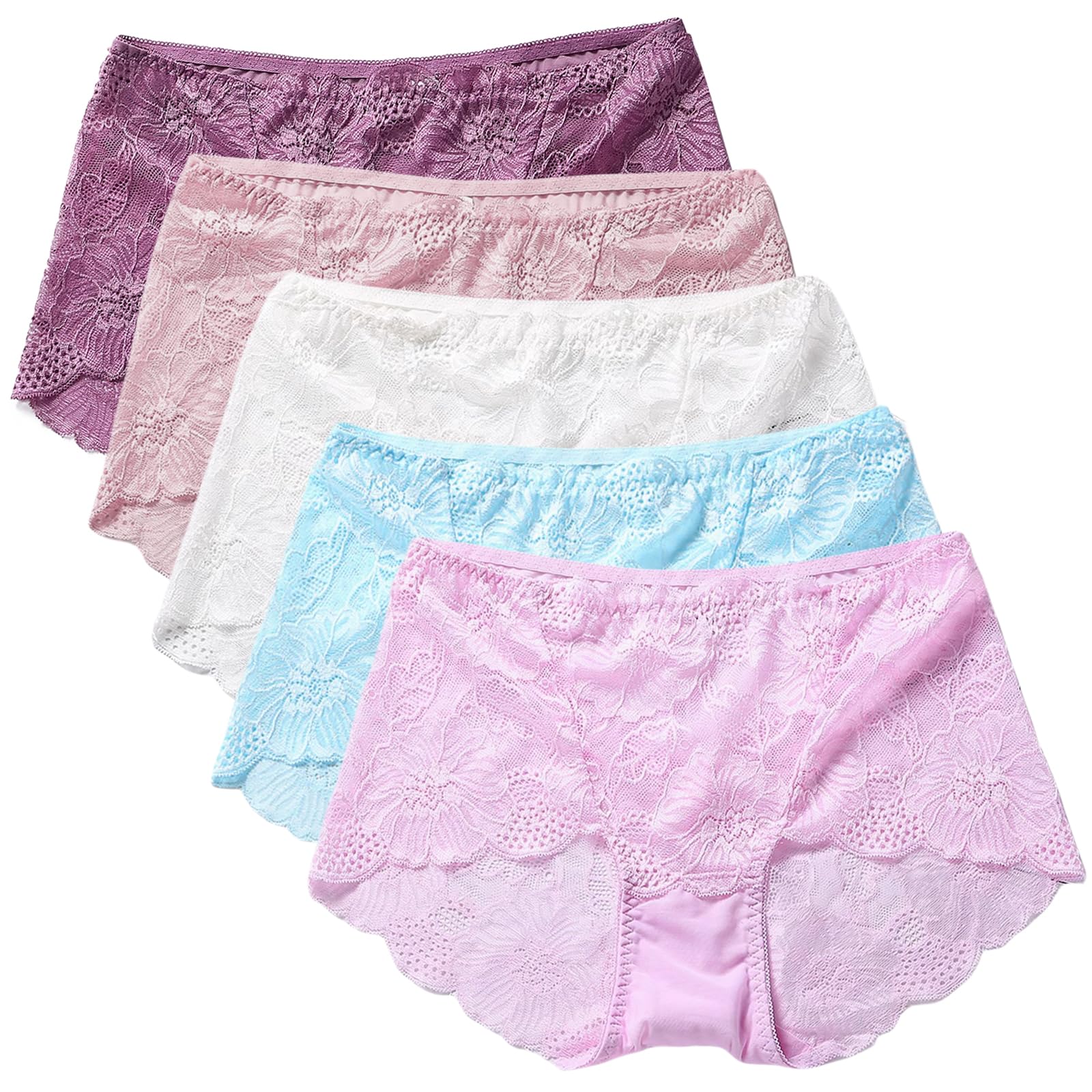 PHOLEEY Womens Sexy Underwear Lace Panties High Waisted Plus Size Ladies Brief for Women 5-Pack