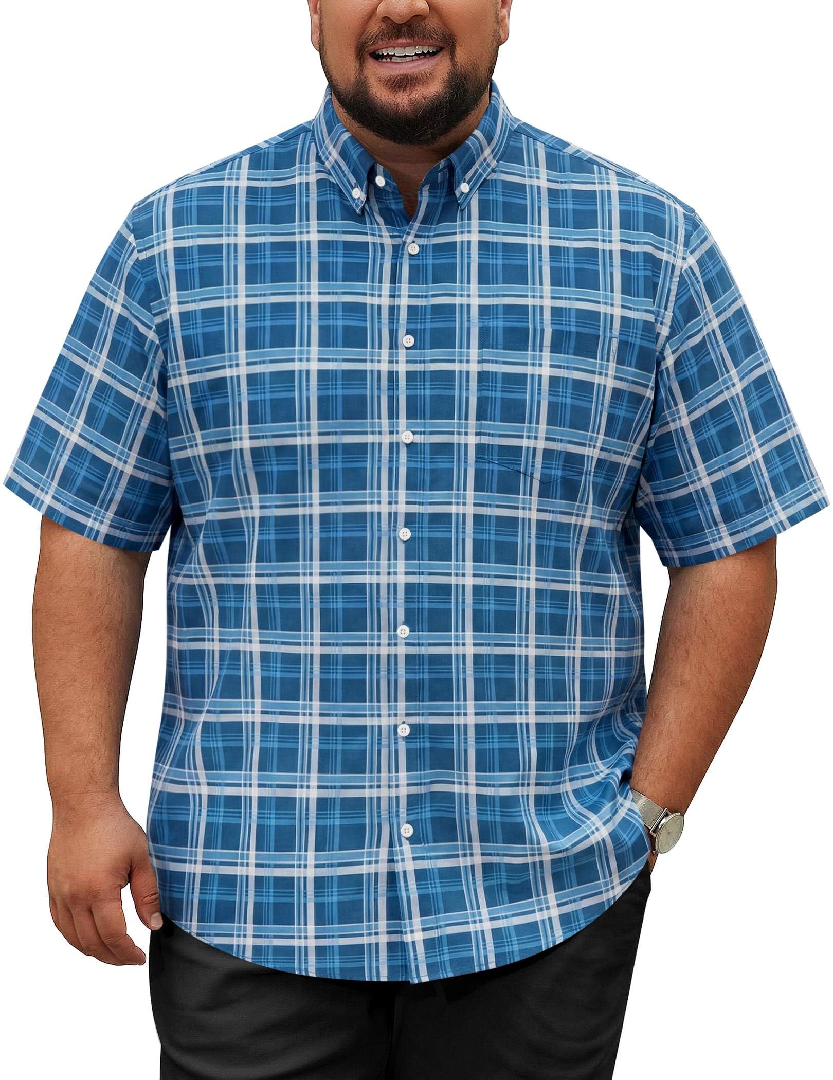 COOFANDY Mens Big and Tall Shirts Short Sleeve Casual Button Down Plaid Shirt Wrinkle Free Dress Shirt with Pocket