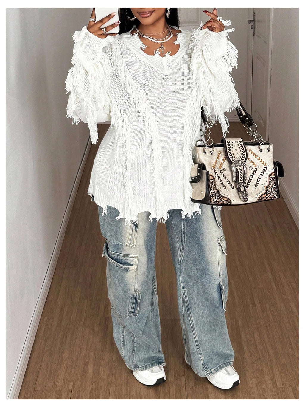 RoseSeek Women's Plus Size Ripped Distressed Sweaters V Neck Long Sleeve Gothic Fringe Sweater Y2K Jumper Fall Outfits