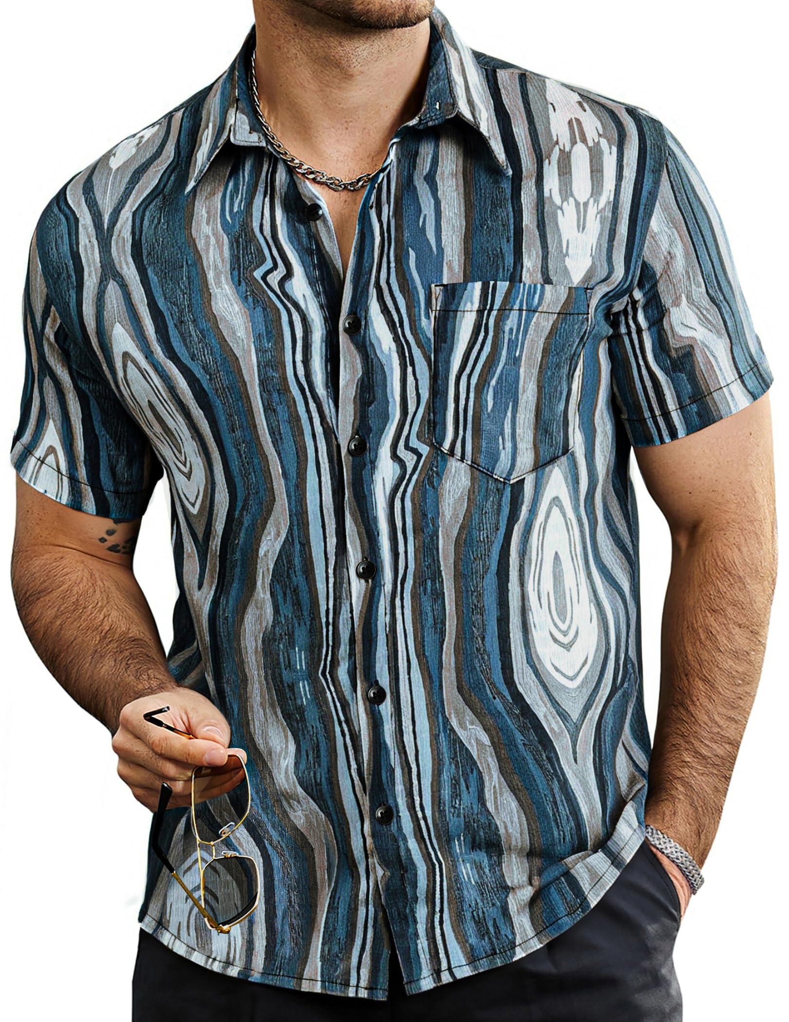 VATPAVE Mens Summer Striped Shirts Button Down Short Sleeve Vintage Beach Hawaiian Shirts with Pocket