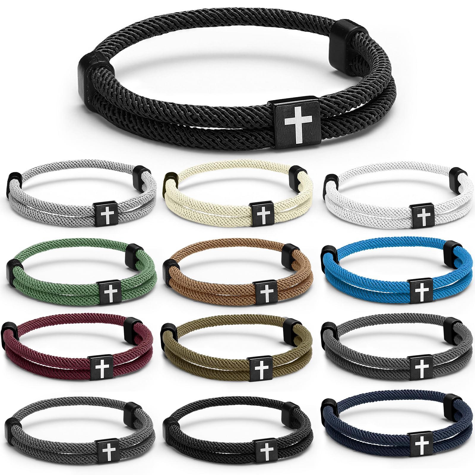 Landical 12 Pcs Braided Cross Bracelet for Men Women Christian Adjustable Rope Jesus Bracelets with Metal Knot Christian Baptism Gifts