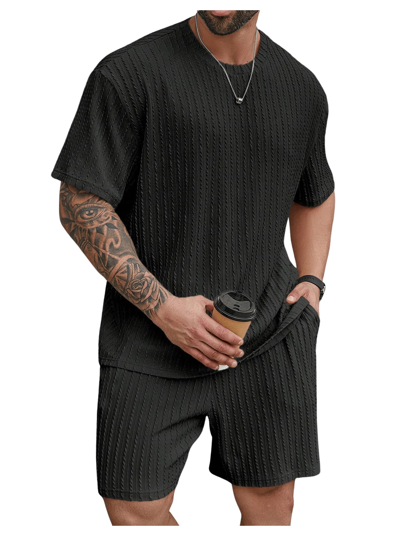 RoseSeek Men's Big and Tall 2 Piece Summer Outfits Textured Drop Shoulder T Shirt and Short Sets Tracksuit