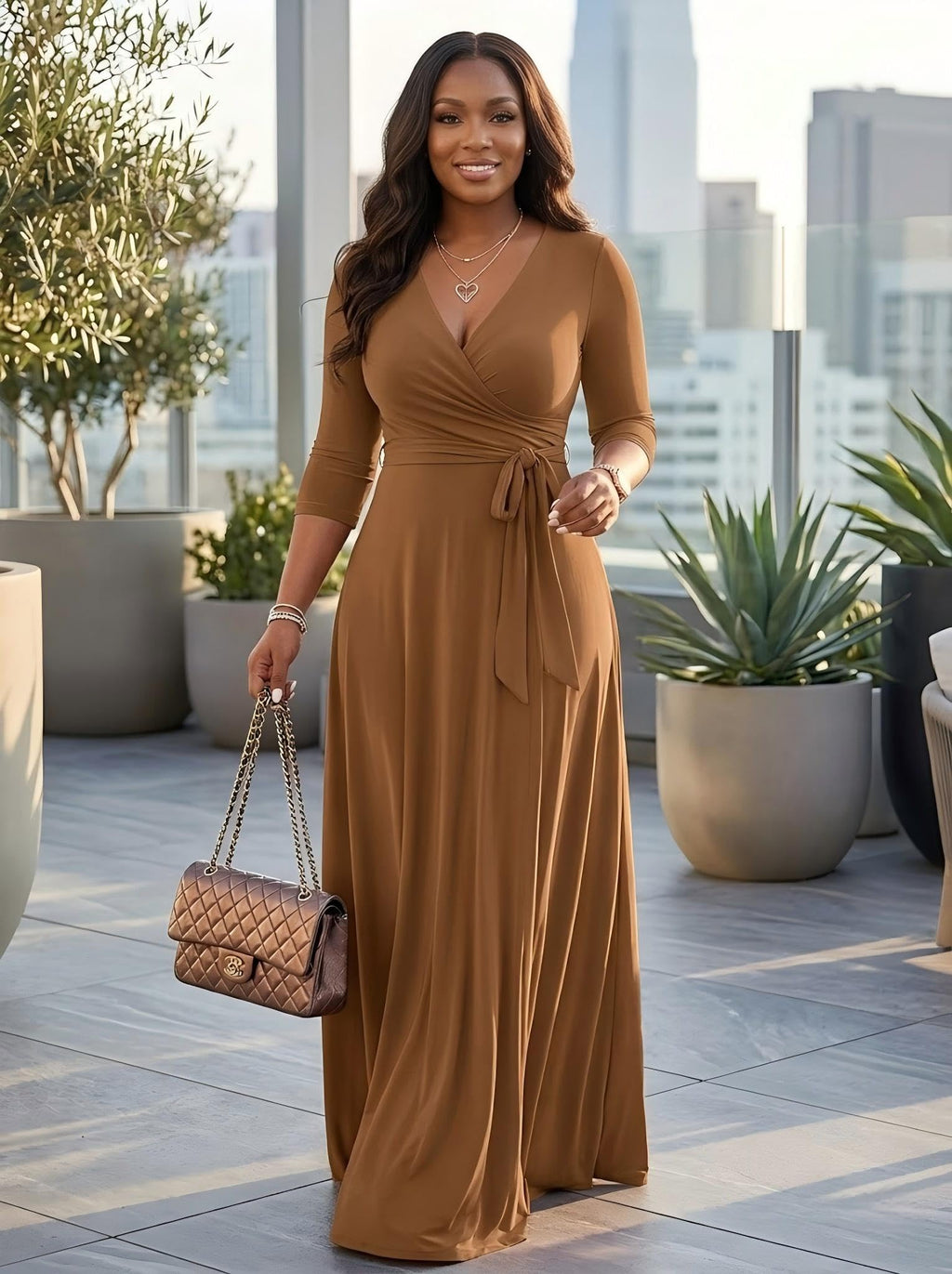PinkPatty Women's Plus Size Maxi Dresses Casual Flowy 3/4 Sleeves Dress Printed Vacation Dress for Daily Wear with Belt