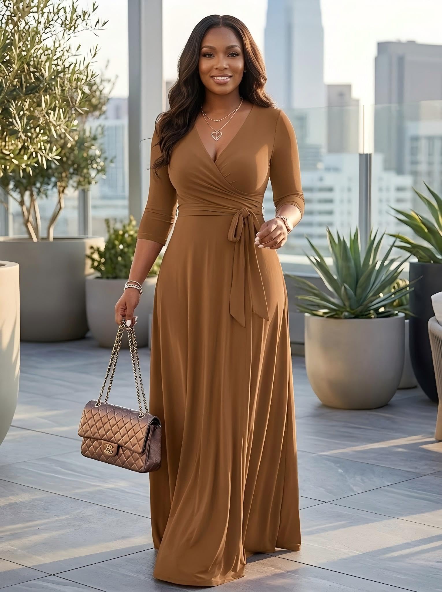 PinkPatty Women's Plus Size Maxi Dresses Casual Flowy 3/4 Sleeves Dress Printed Vacation Dress for Daily Wear with Belt