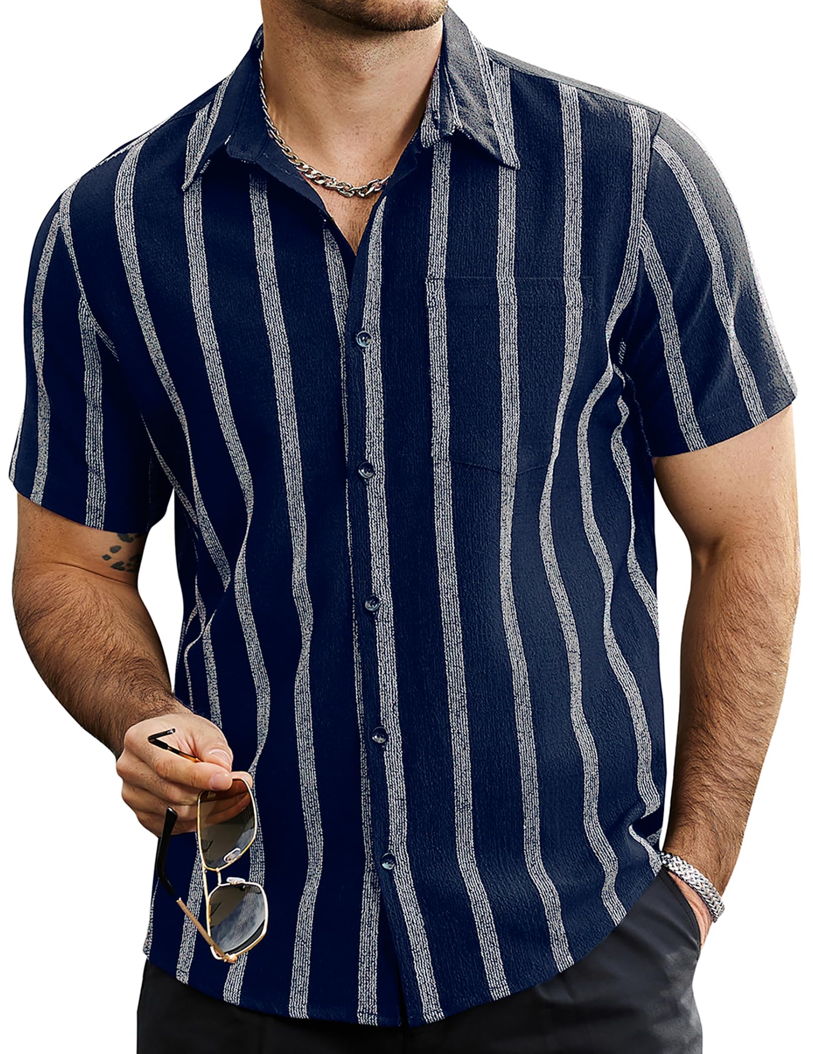 VATPAVE Mens Summer Striped Shirts Button Down Short Sleeve Vintage Beach Hawaiian Shirts with Pocket