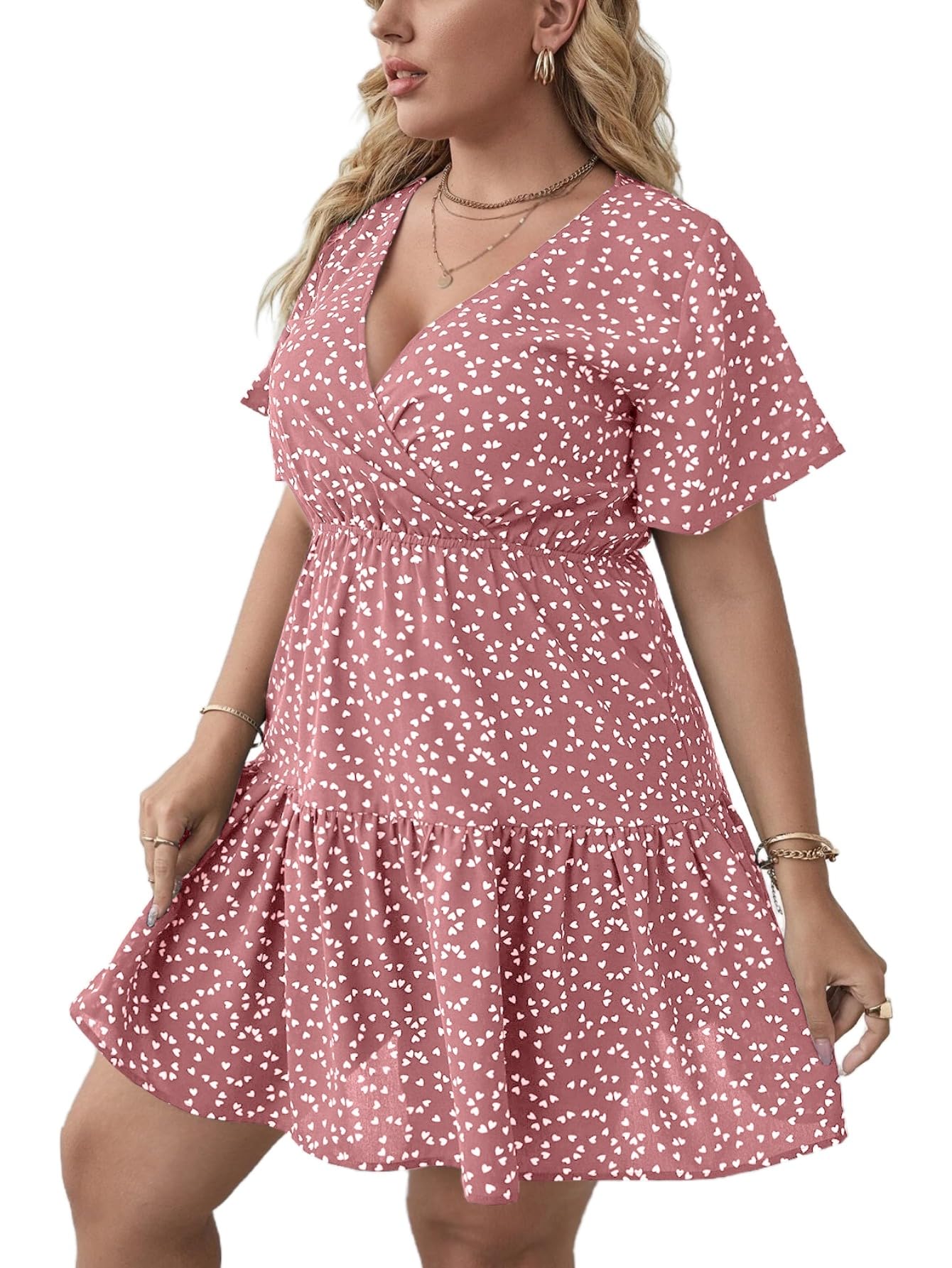 Floerns Women's Plus Size Summer Vacation Wrap V Neck Short Sleeve Ruffle Hem A Line Hawaiian Short Dress
