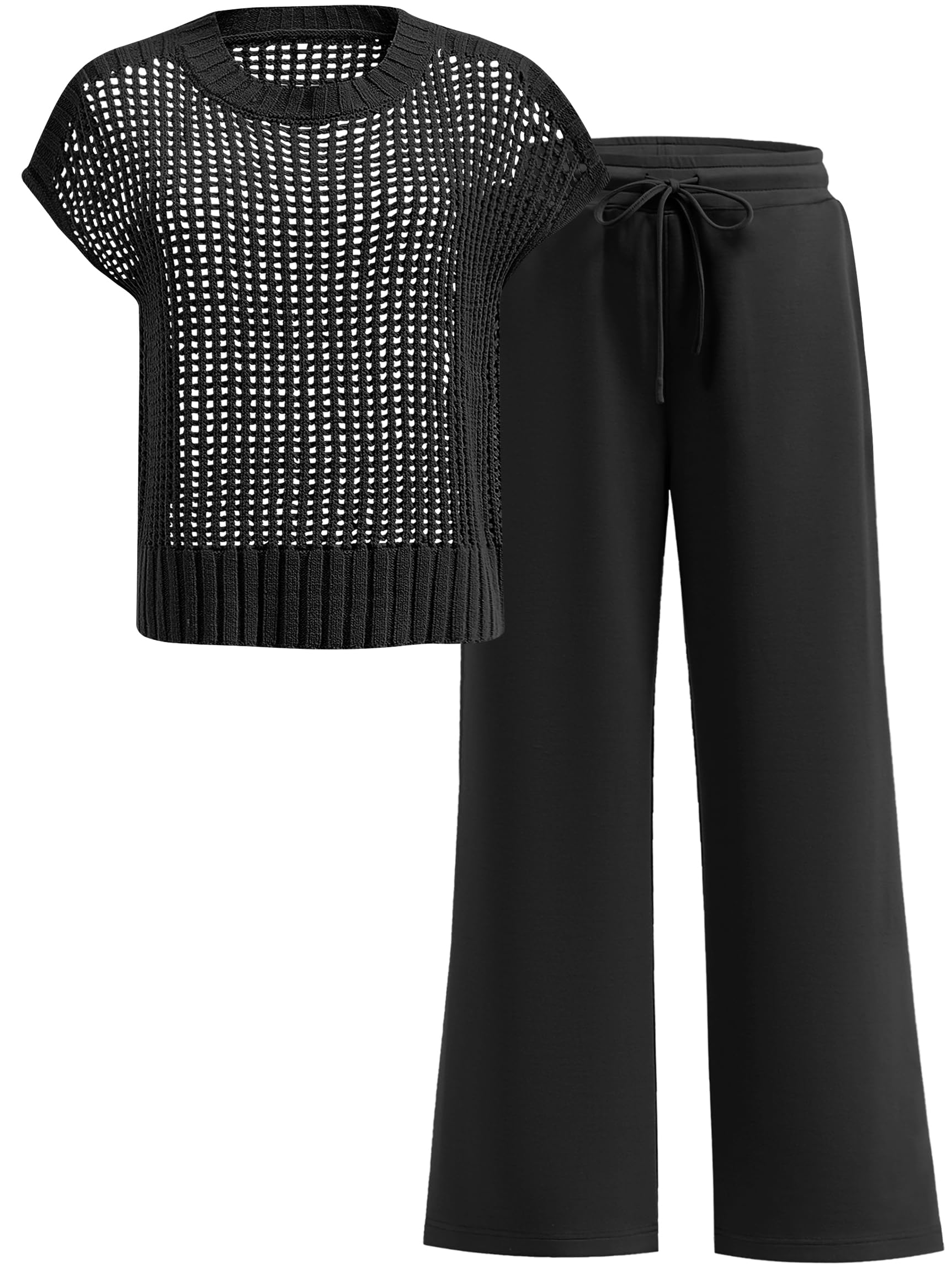 ANRABESS Women Two Piece Outfits Crochet Sheer Knit Sweater Top Wide Leg Pants Lounge Matching Sets Sweatsuit Travel Clothes