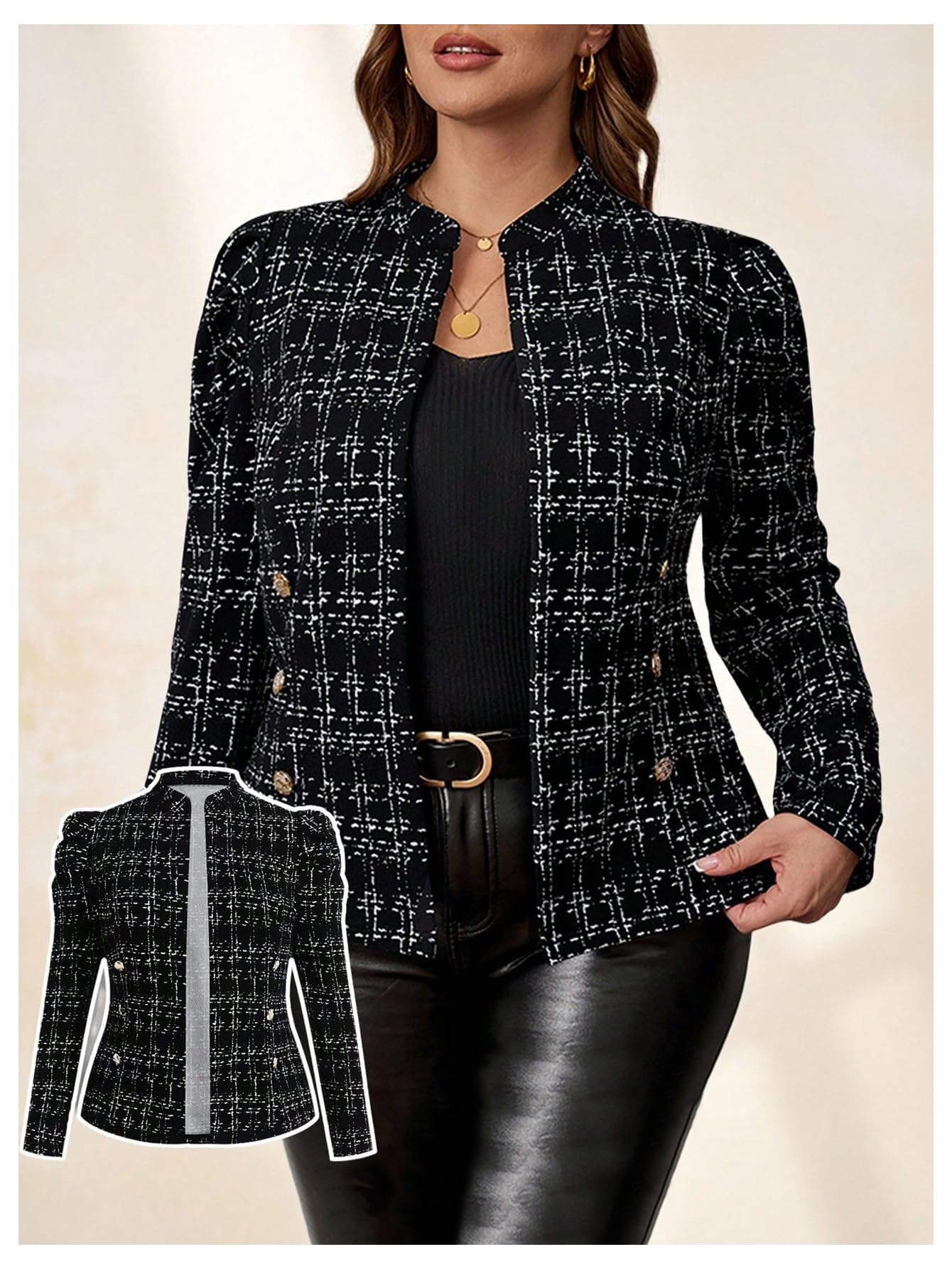 SweatyRocks Women's Plus Size Lightweight Jacket Open Front Long Sleeve Work Office Plaid Blazer