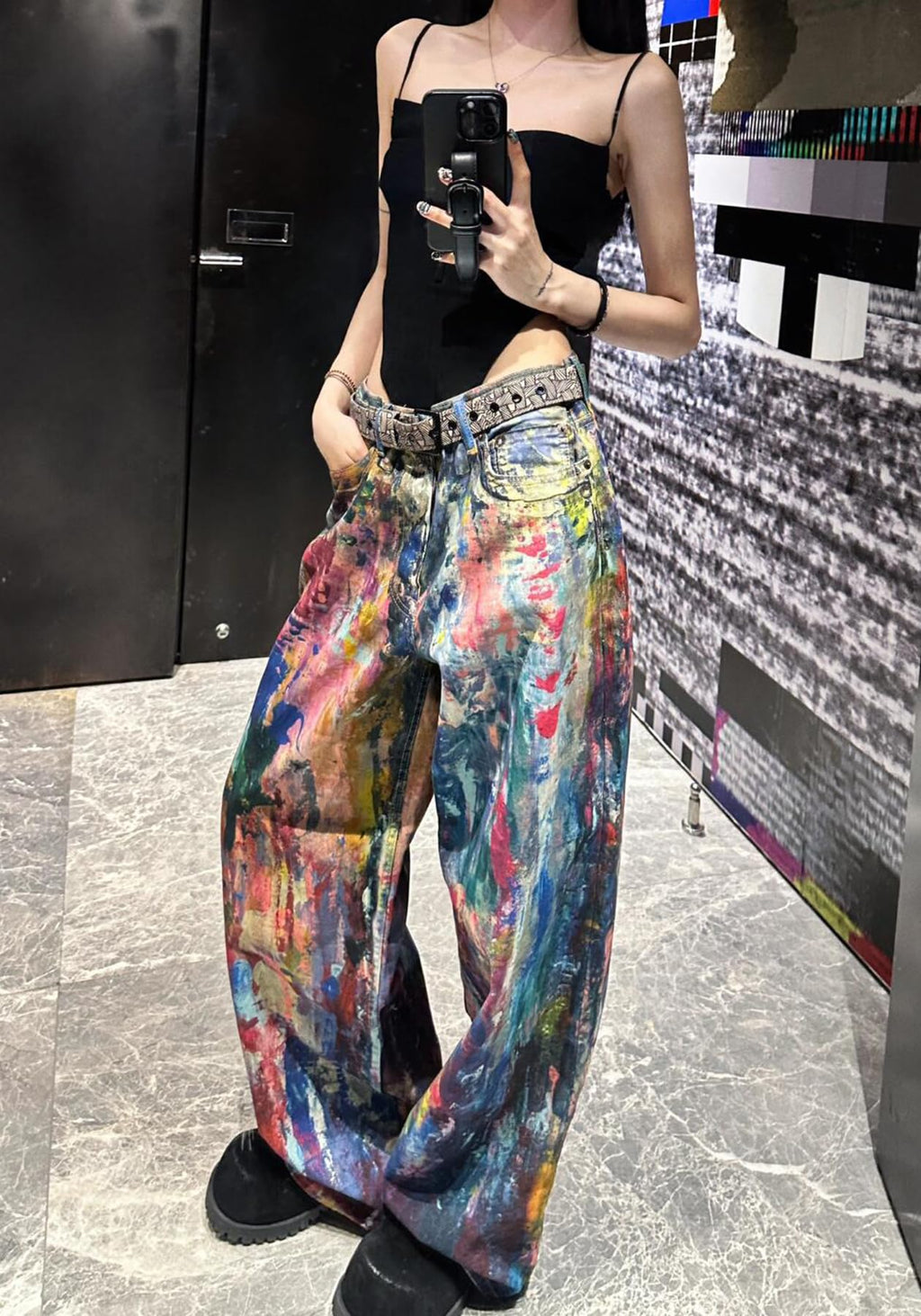 NRTHYE Womens Summer Colorful Graffiti Baggy Jeans Casual High Waist Wide Leg Streetwear Denim Cargo Print Pant Trousers
