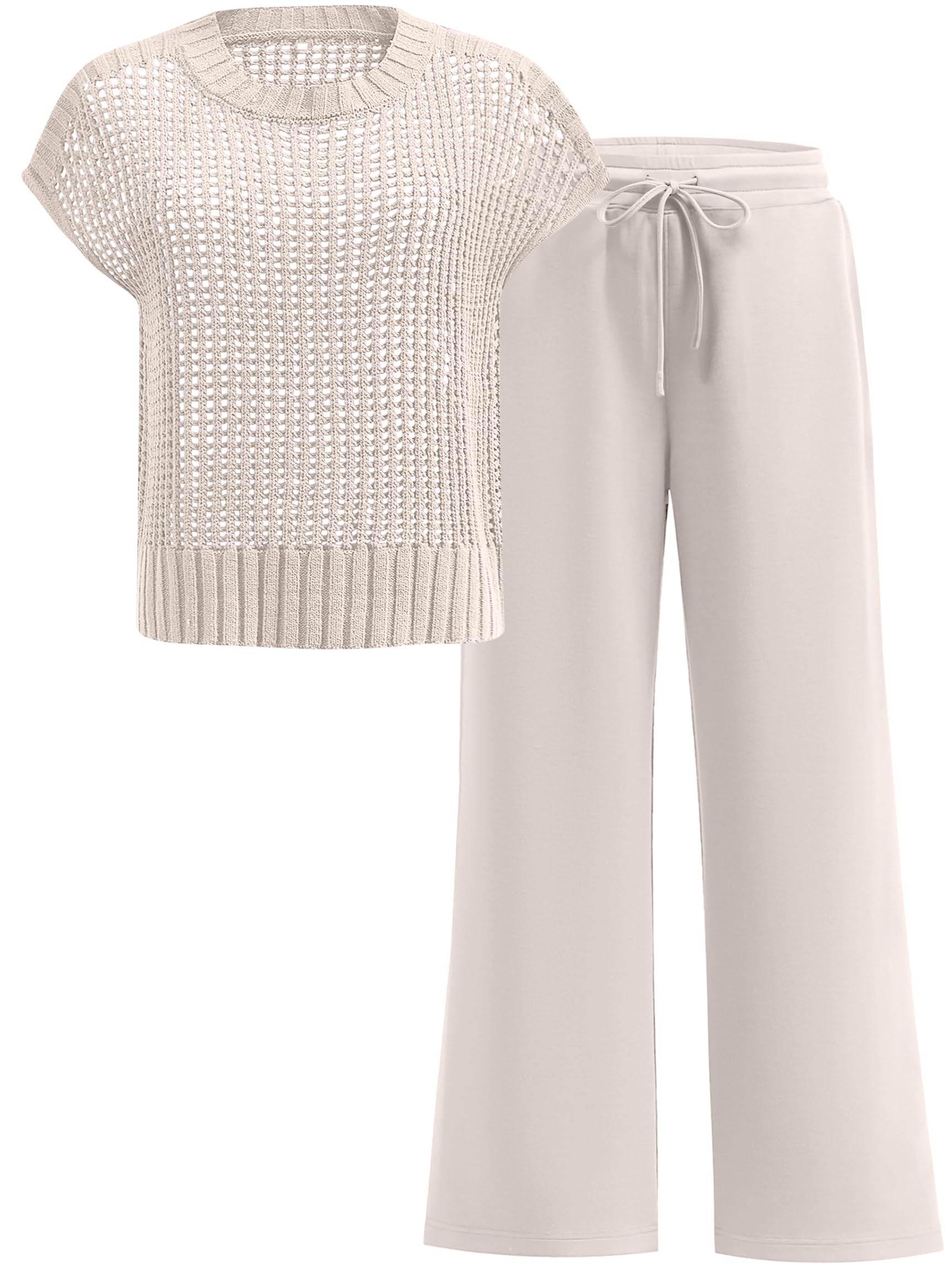 ANRABESS Women Two Piece Outfits Crochet Sheer Knit Sweater Top Wide Leg Pants Lounge Matching Sets Sweatsuit Travel Clothes