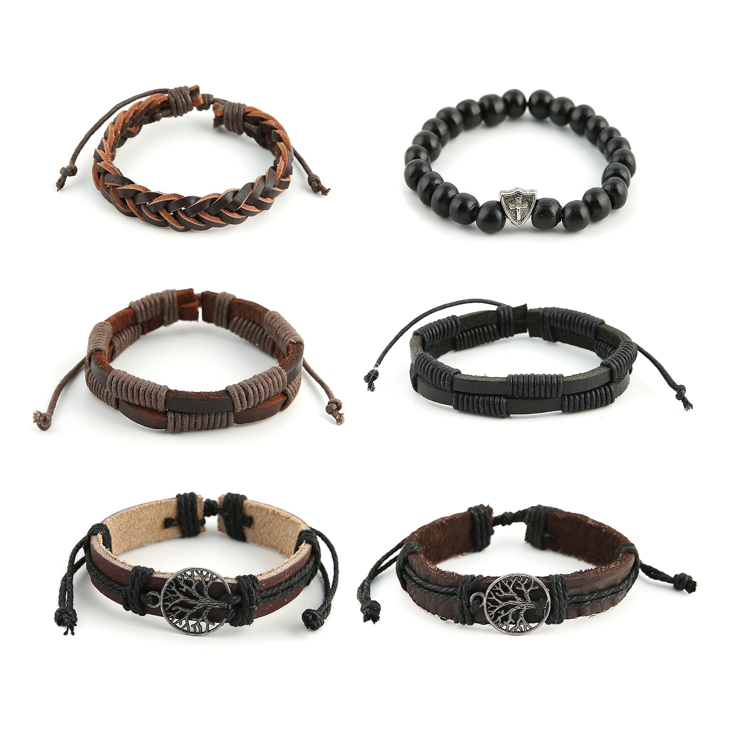 HZMAN Genuine Leather Tree of life Bracelets Men Women, Tiger Eye Natural Stone Lava Rock Beads Ethnic Tribal Elastic Bracelets Wristbands