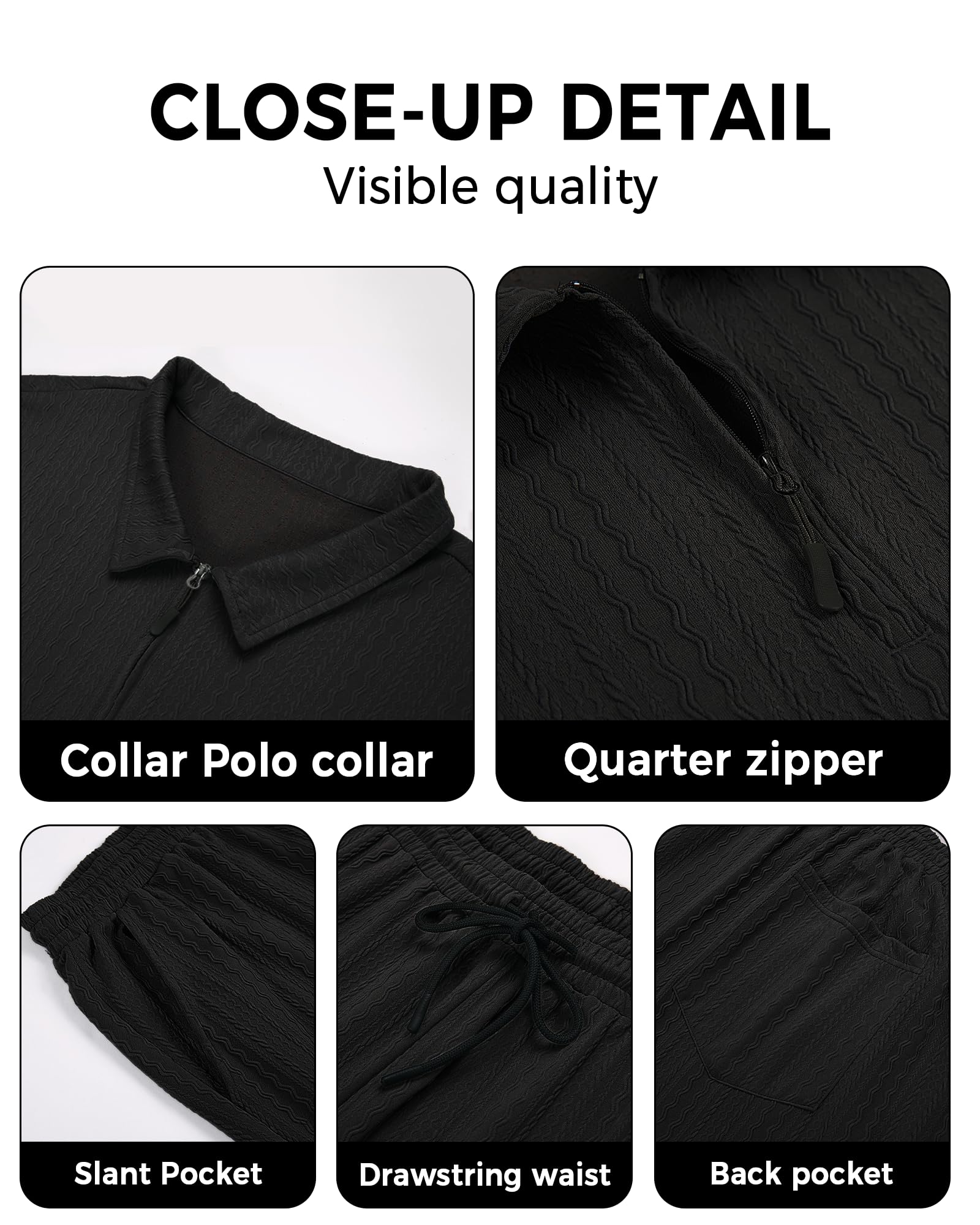 Sovneazy Big and Tall 2 Piece Outfits for Men Polo Shirt and Short Sets Quarter Zip Textured Summer Clothes, Black 2XL