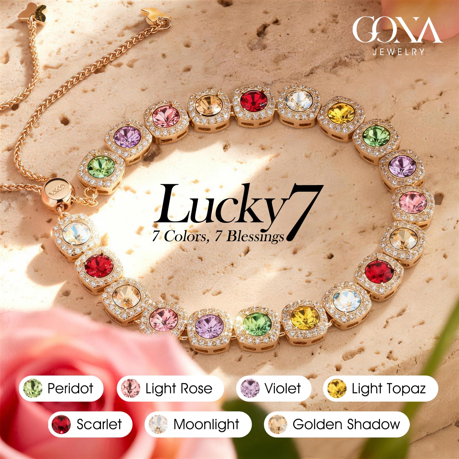 Lucky 7 Handcrafted 14K Gold Plated Tennis Bracelet for Women, 7 Colors of Authentic Swarovski Crystals & Adjustable Slider Jewelry - Meaningful Gift for Birthday, Anniversary, Mother's Day