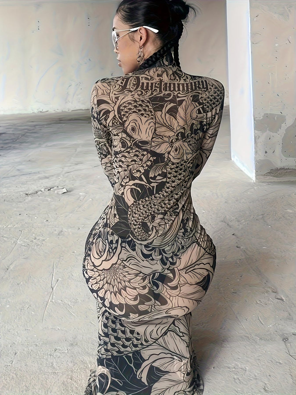 Spring Colorblock Party Clubwear Street Slim Fit Long Dress High Neck Mesh Long Sleeve Printed Sheer Dress