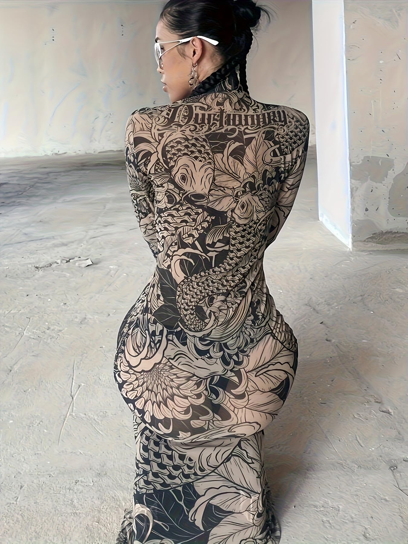 Spring Colorblock Party Clubwear Street Slim Fit Long Dress High Neck Mesh Long Sleeve Printed Sheer Dress