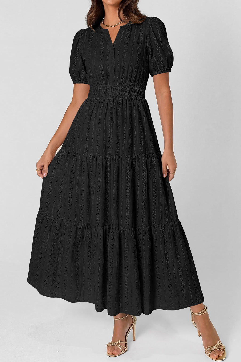PRETTYGARDEN Womens Summer Maxi Dresses 2026 Casual Puff Sleeve V Neck Smocked Flowy Eyelet Cotton Dress Spring Sundress