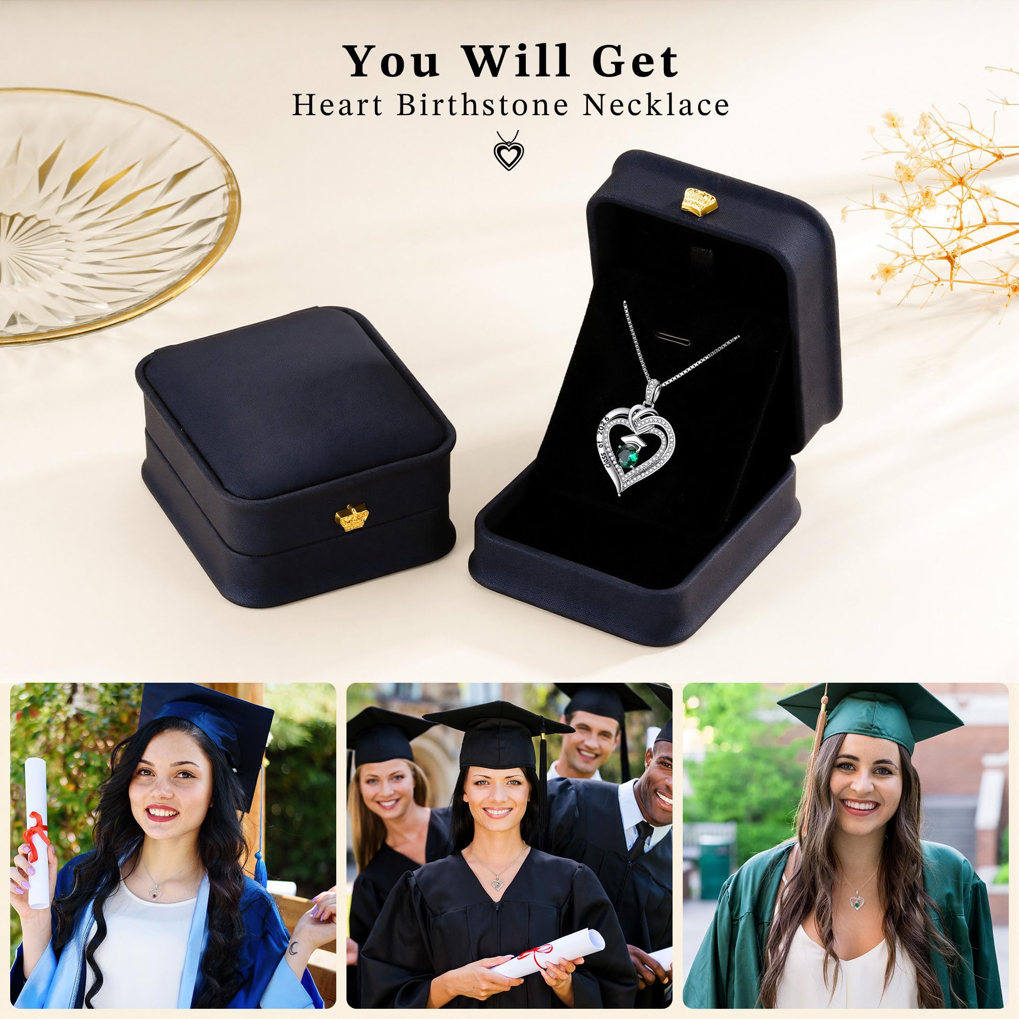 Turandoss Graduation Gifts for Her 2026, S925 Sterling Silver Birthstone Necklace Engraved Class of 2026 Inspirational Necklaces High School College Graduation Gifts for Women