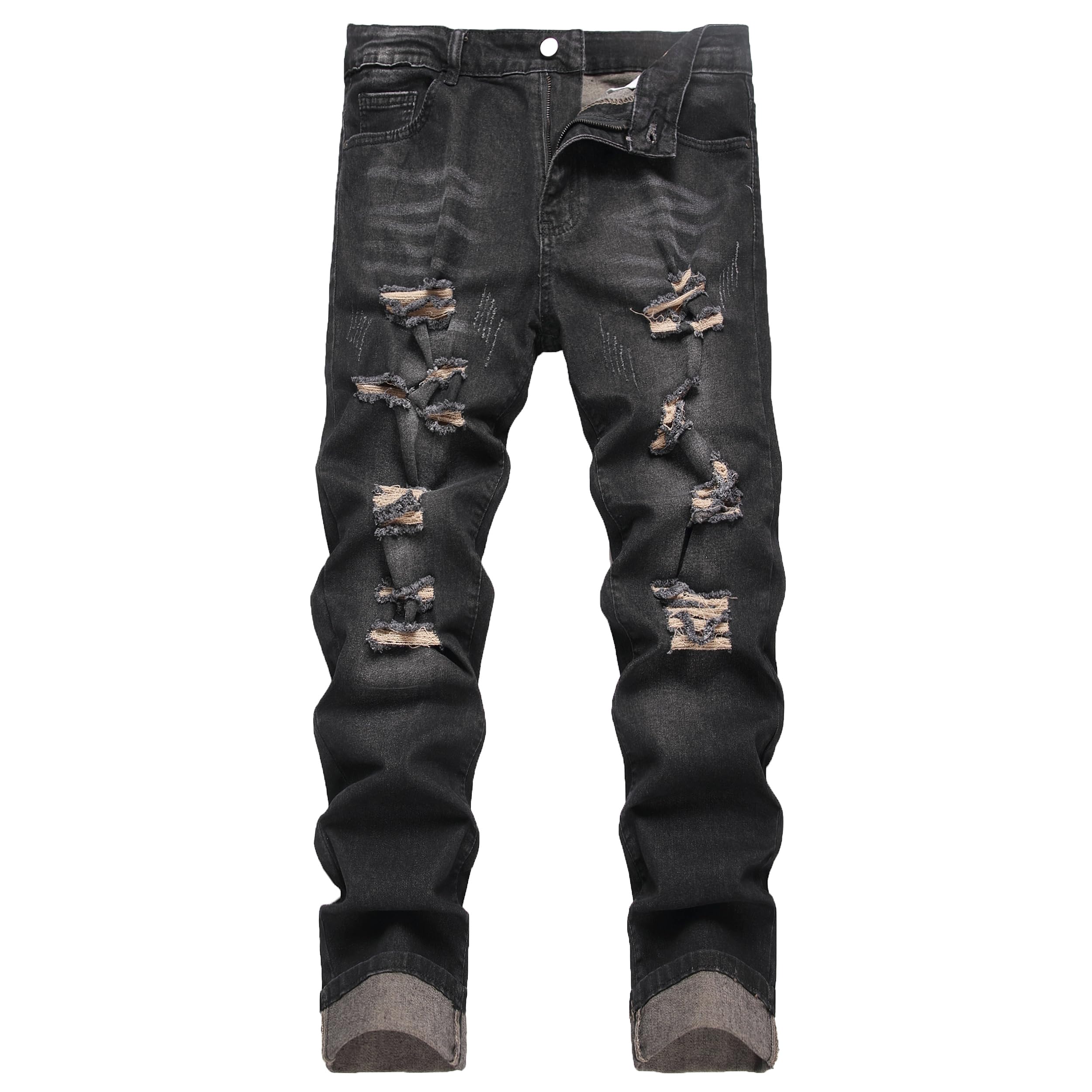 DANT BULUN Men's Ripped Distressed Destroyed Slim Fit Straight Leg Denim Jeans