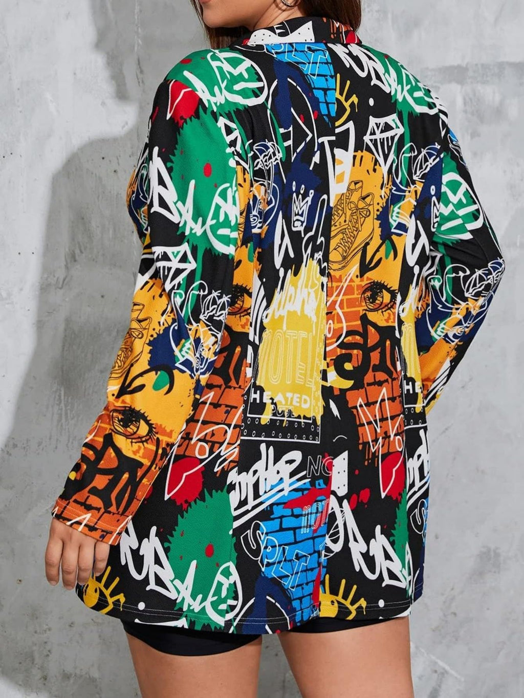 WDIRARA Women's Plus Size Lapel Collar Open Front Graffiti Graphic Button Blazer Jacket