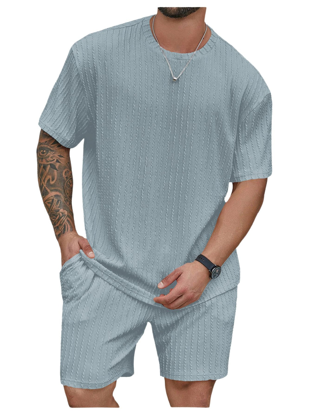 RoseSeek Men's Big and Tall 2 Piece Summer Outfits Textured Drop Shoulder T Shirt and Short Sets Tracksuit