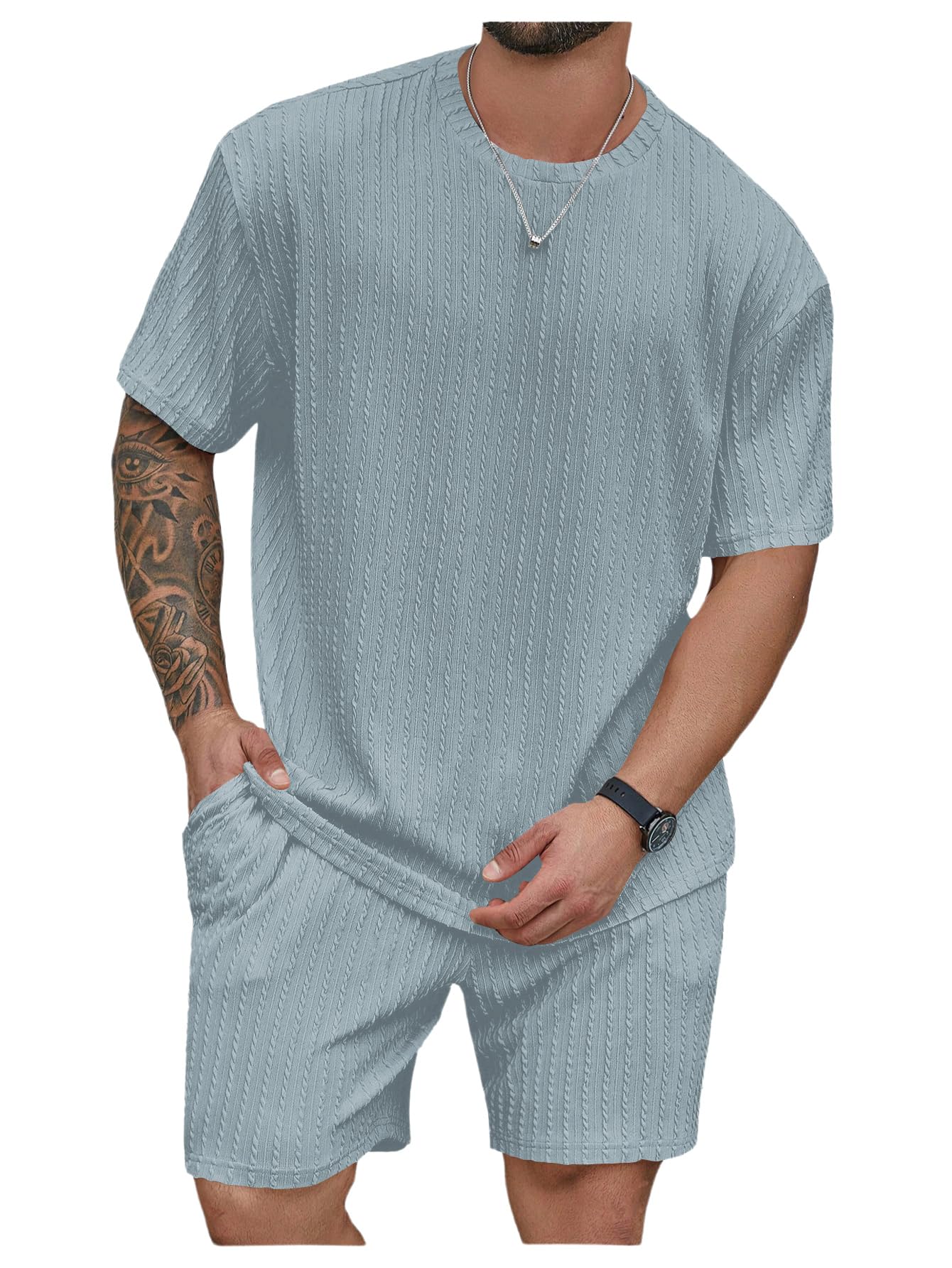 RoseSeek Men's Big and Tall 2 Piece Summer Outfits Textured Drop Shoulder T Shirt and Short Sets Tracksuit