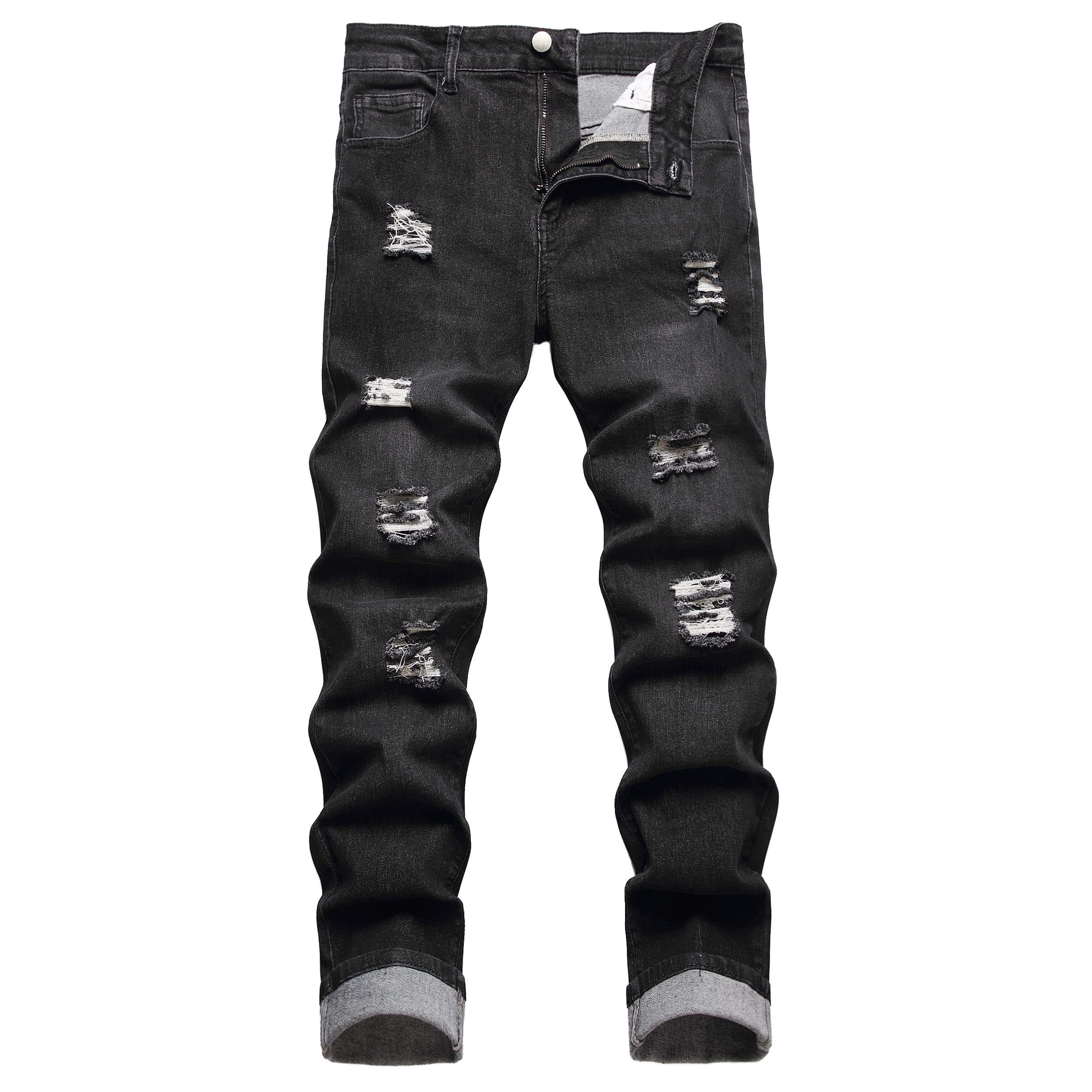 DANT BULUN Men's Ripped Distressed Destroyed Slim Fit Straight Leg Denim Jeans