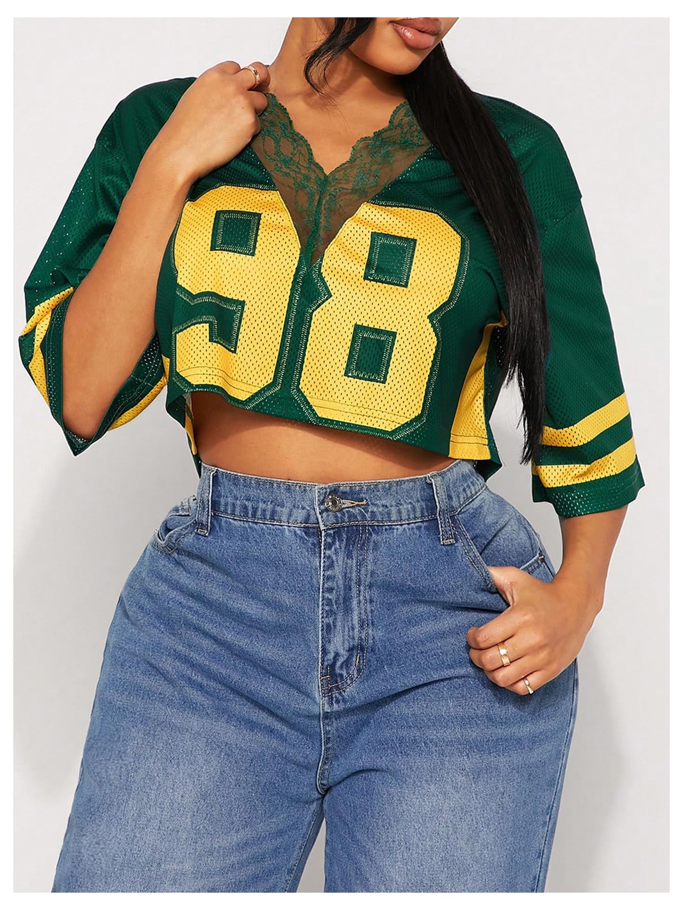 SOLY HUX Women's Number Graphic Tees Lace V Neck Half Sleeve Crop Tops Jersey Shirt Y2k Streetwear