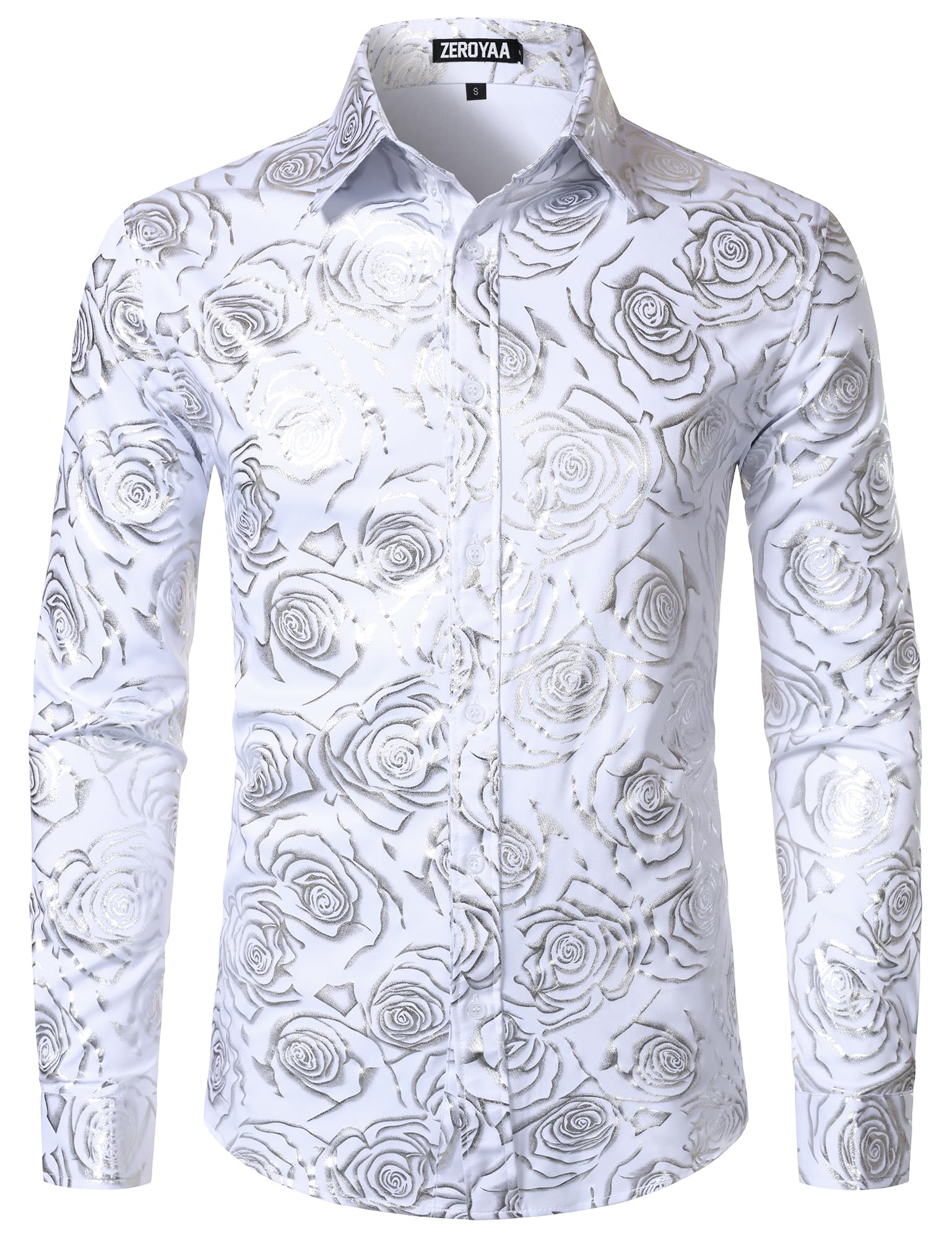 ZEROYAA Mens Hipster Rose Printed Slim Fit Long Sleeve Dress Shirts Prom Performing Shirts