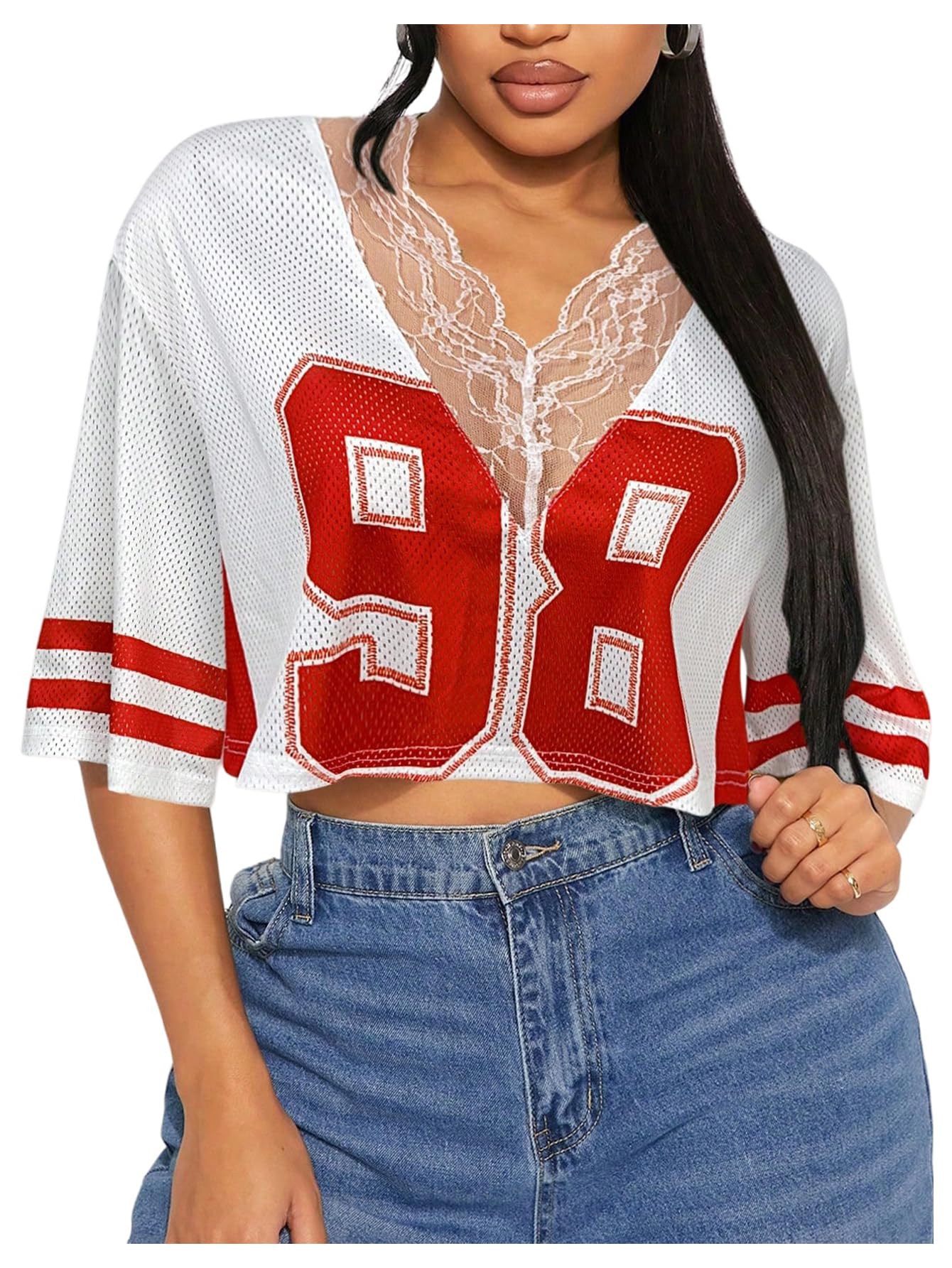 SOLY HUX Women's Number Graphic Tees Lace V Neck Half Sleeve Crop Tops Jersey Shirt Y2k Streetwear