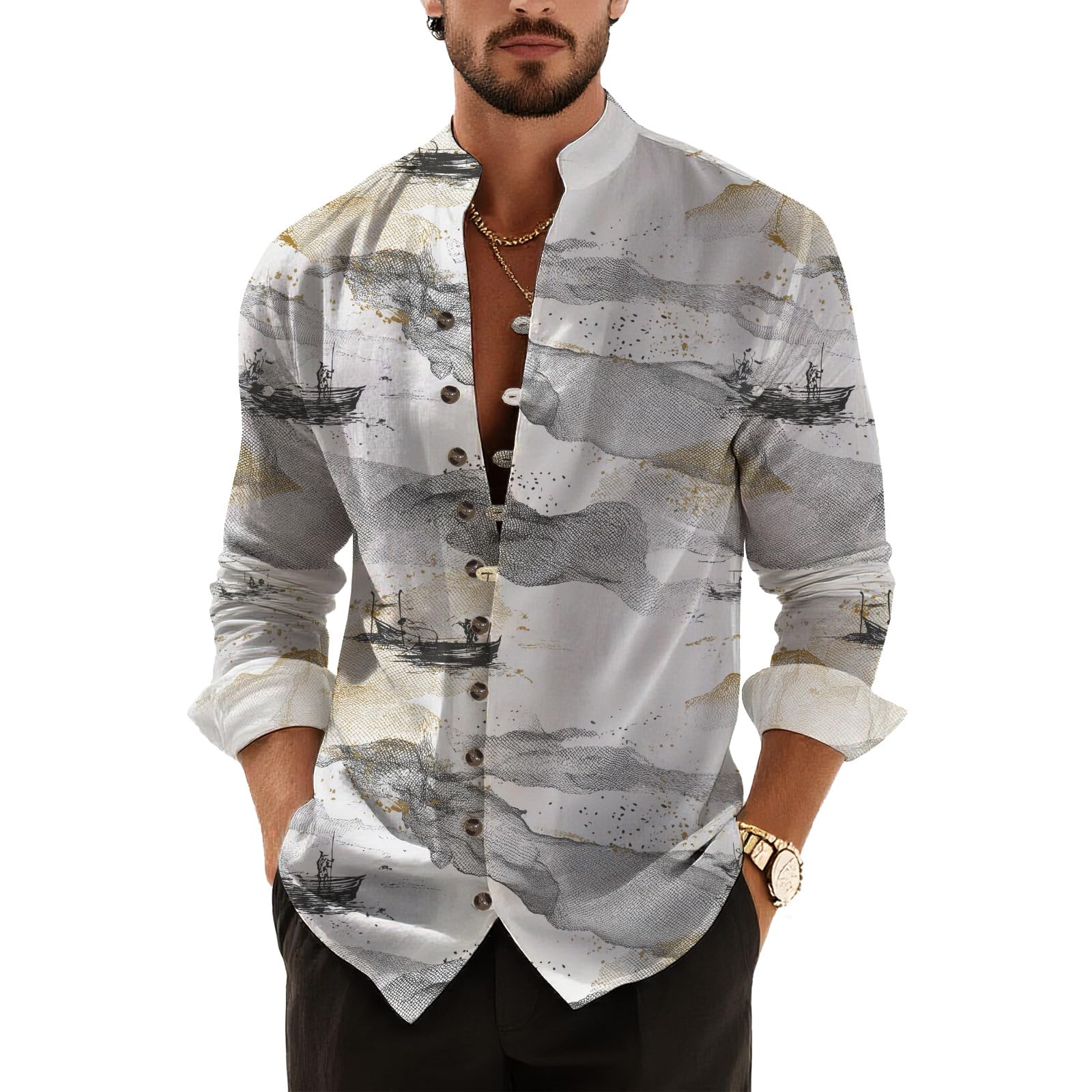 DMOYALA Men’s Hawaiian Button Down Shirts 2025 Fall Casual Long Sleeve Shirts Baggy Henley Neck Beach Vacation Outfits