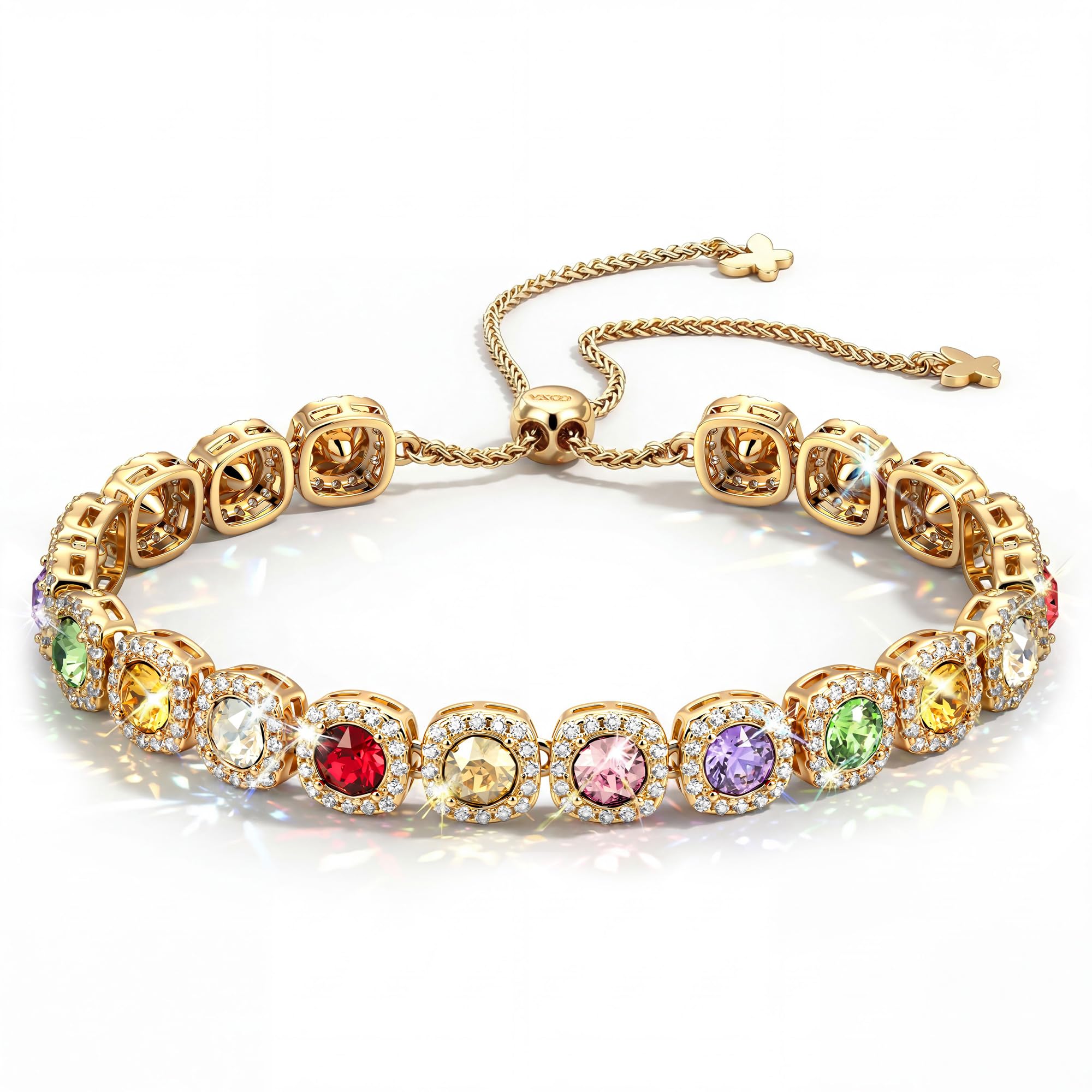 Lucky 7 Handcrafted 14K Gold Plated Tennis Bracelet for Women, 7 Colors of Authentic Swarovski Crystals & Adjustable Slider Jewelry - Meaningful Gift for Birthday, Anniversary, Mother's Day