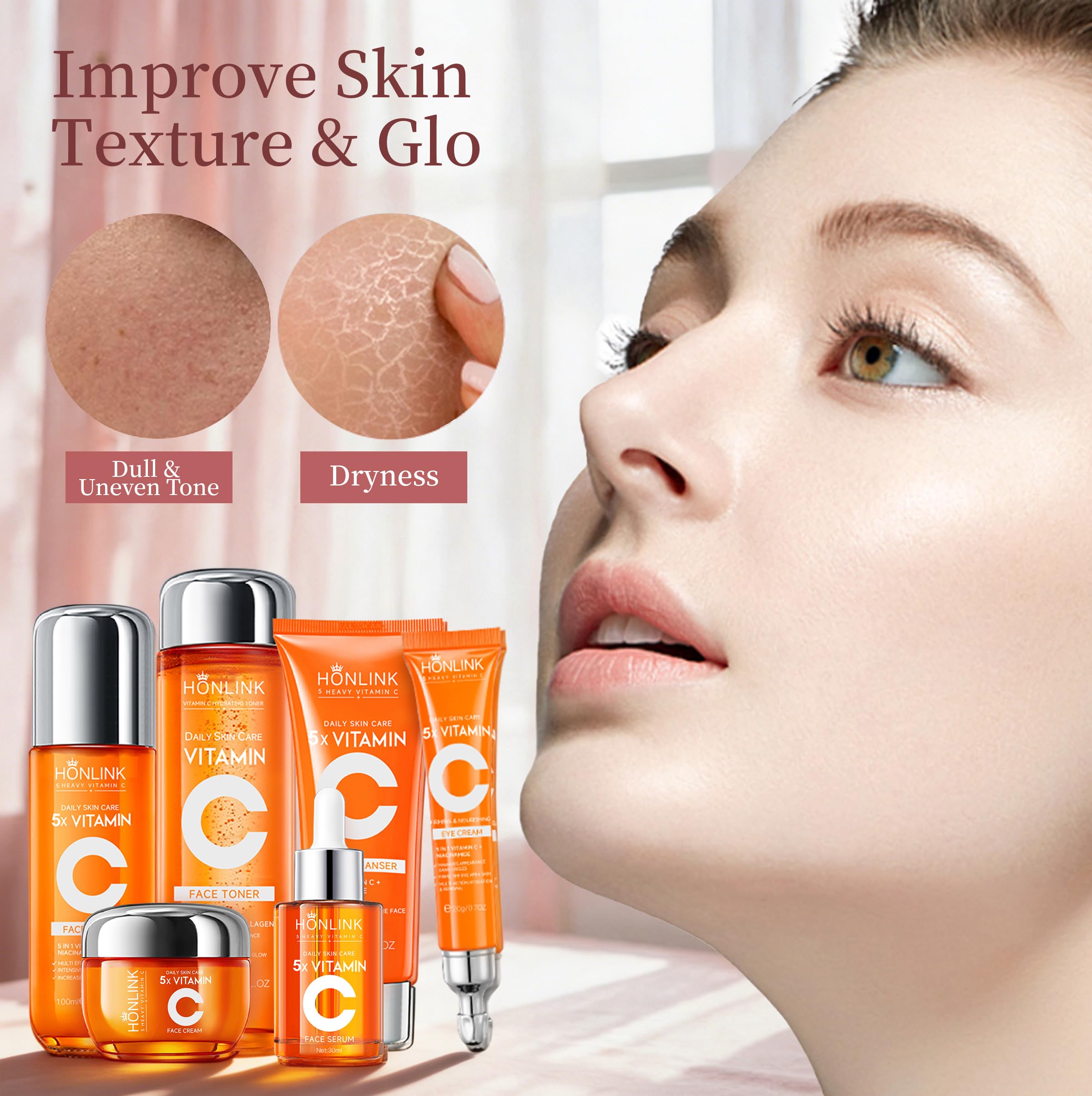 SADOER 6-Piece Hydrating Skincare Set with Vitamin C & Niacinamide – Daily Face Care Kit Includes Toner, Serum, Cleanser,Moisturizer, Eye Cream & Body Lotion | All Skin Types