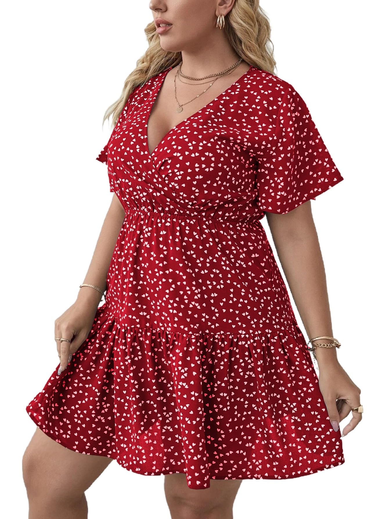 Floerns Women's Plus Size Summer Vacation Wrap V Neck Short Sleeve Ruffle Hem A Line Hawaiian Short Dress