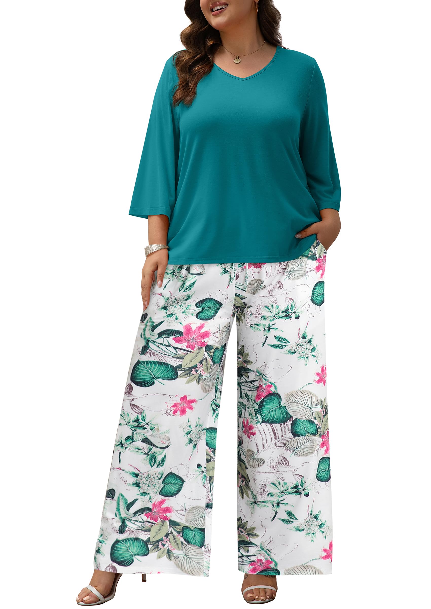 Auciccoo Womens Plus Size Lounge Sets 2 Piece Outfits 3/4 Sleeve Pullover Tops Wide Leg Pants Travel Loungewear
