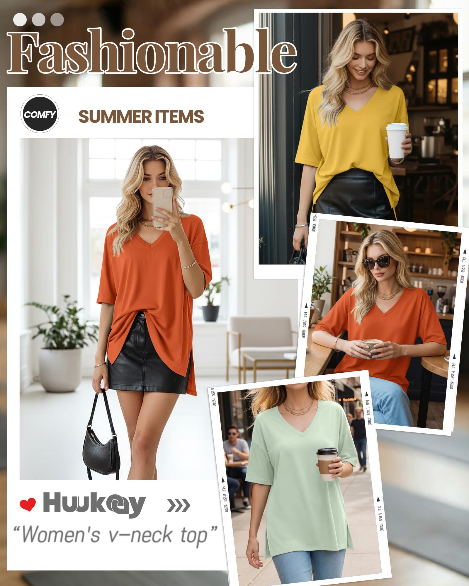 Huukeay 3 Pack Oversized Shirts for Women V Neck Workout T Shirt Casual Side Split Tee Short Sleeve Loose Tops Tunic Tops