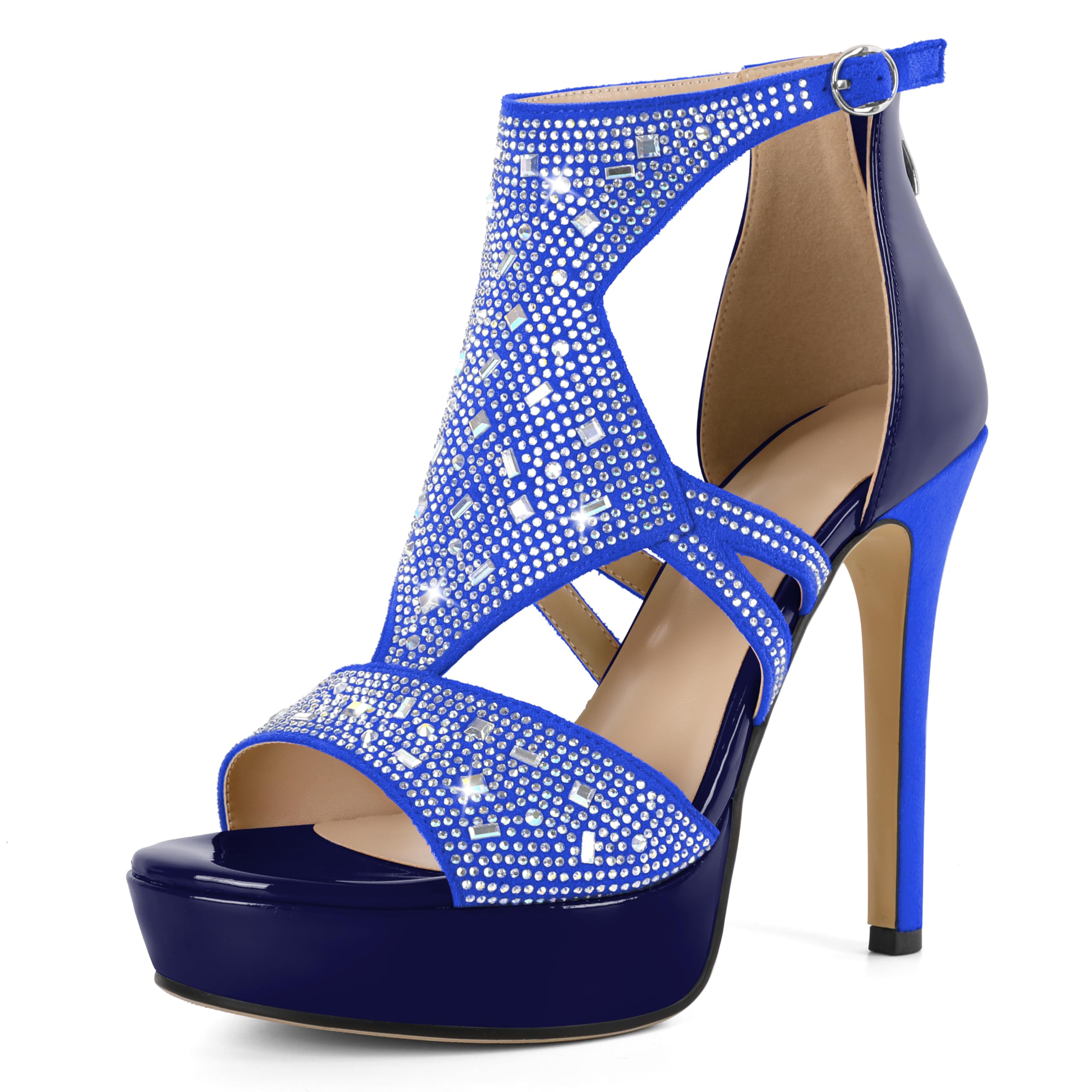 Eldof High Heeled Sandals for Women, Open Toe Strappy Platform Sandals, Cutout Gladiator Heels with Rinestones, Pumps Shoes for Dress Party Evening Summer