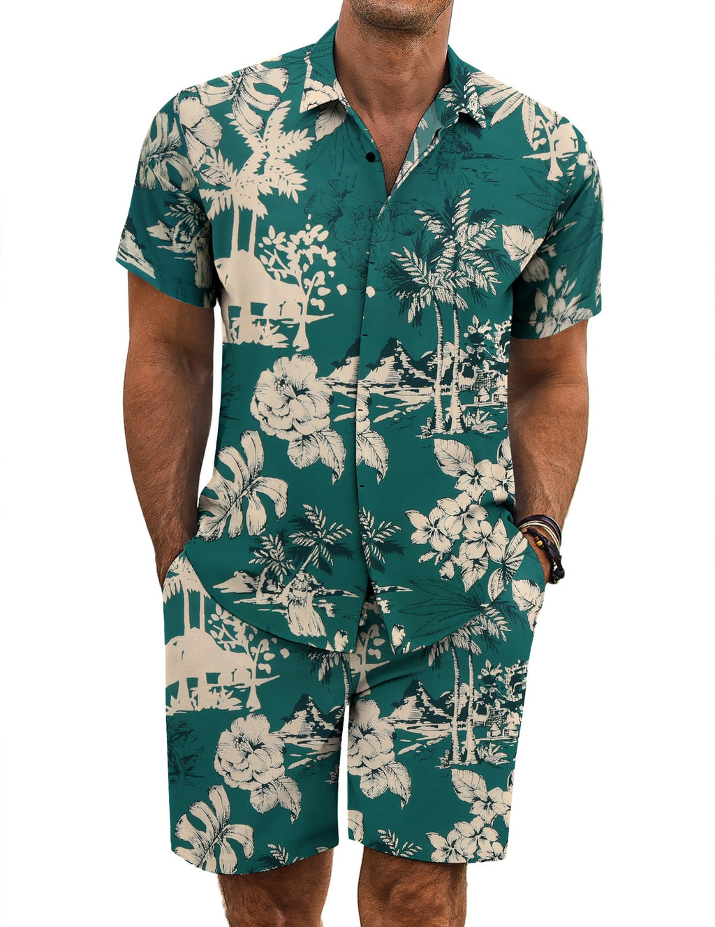 COOFANDY Men's Summer Beach Outfits 2 Piece Short Sleeve Shirts and Shorts Vacation Texture Linen Sets for Men