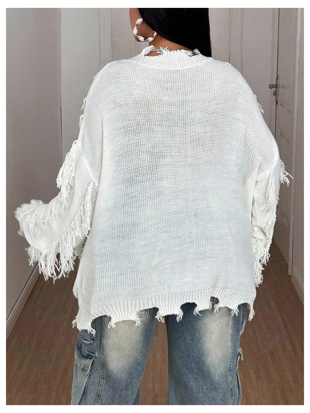 RoseSeek Women's Plus Size Ripped Distressed Sweaters V Neck Long Sleeve Gothic Fringe Sweater Y2K Jumper Fall Outfits