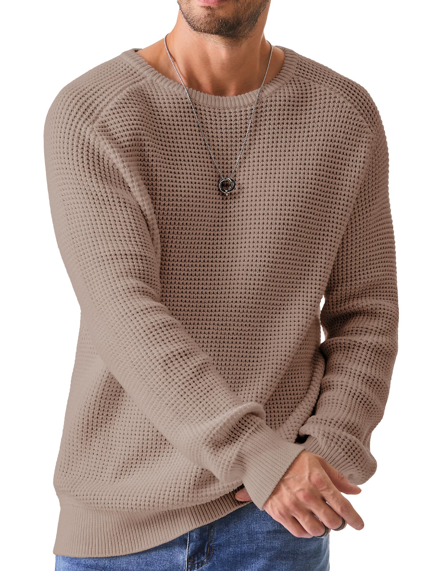 JMIERR Men's Crewneck Pullover Sweater Waffle Textured Knitted Sweaters Casual Loose Fit Sweaters with Ribbing Edge