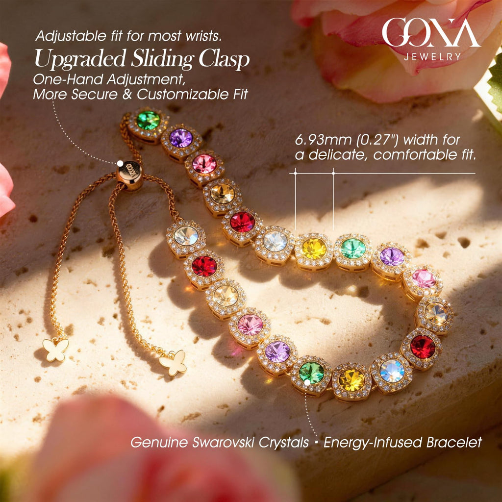 Lucky 7 Handcrafted 14K Gold Plated Tennis Bracelet for Women, 7 Colors of Authentic Swarovski Crystals & Adjustable Slider Jewelry - Meaningful Gift for Birthday, Anniversary, Mother's Day