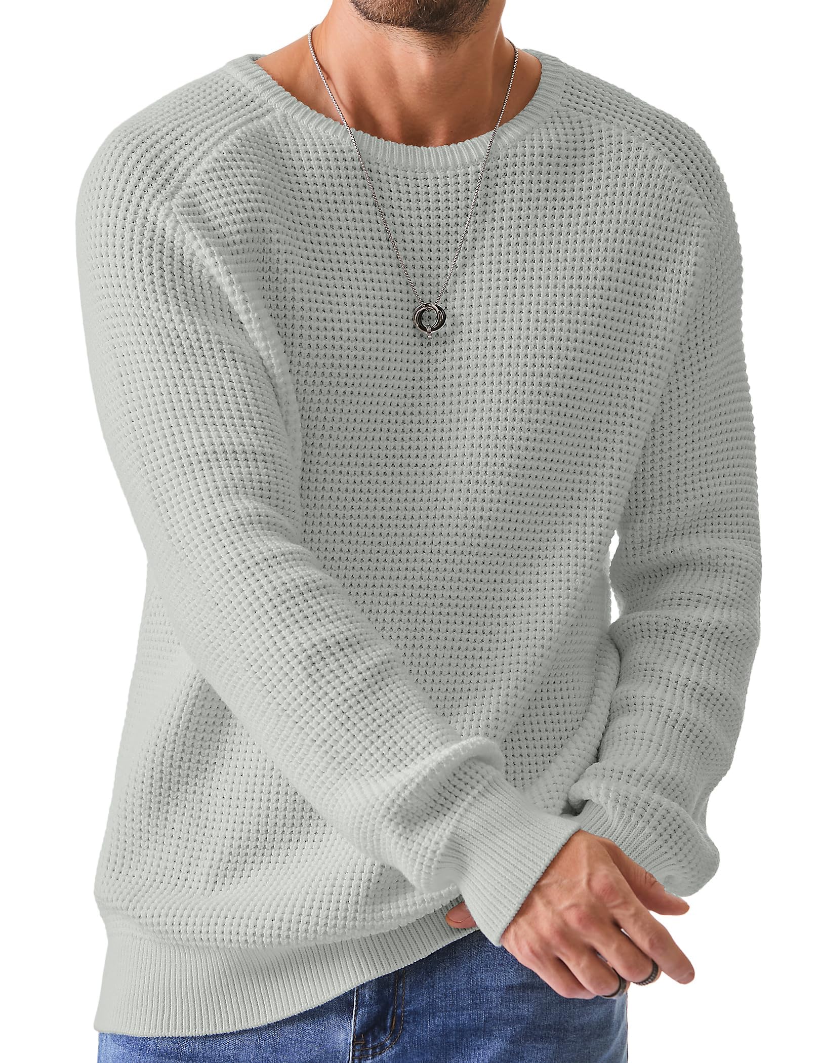 JMIERR Men's Crewneck Pullover Sweater Waffle Textured Knitted Sweaters Casual Loose Fit Sweaters with Ribbing Edge