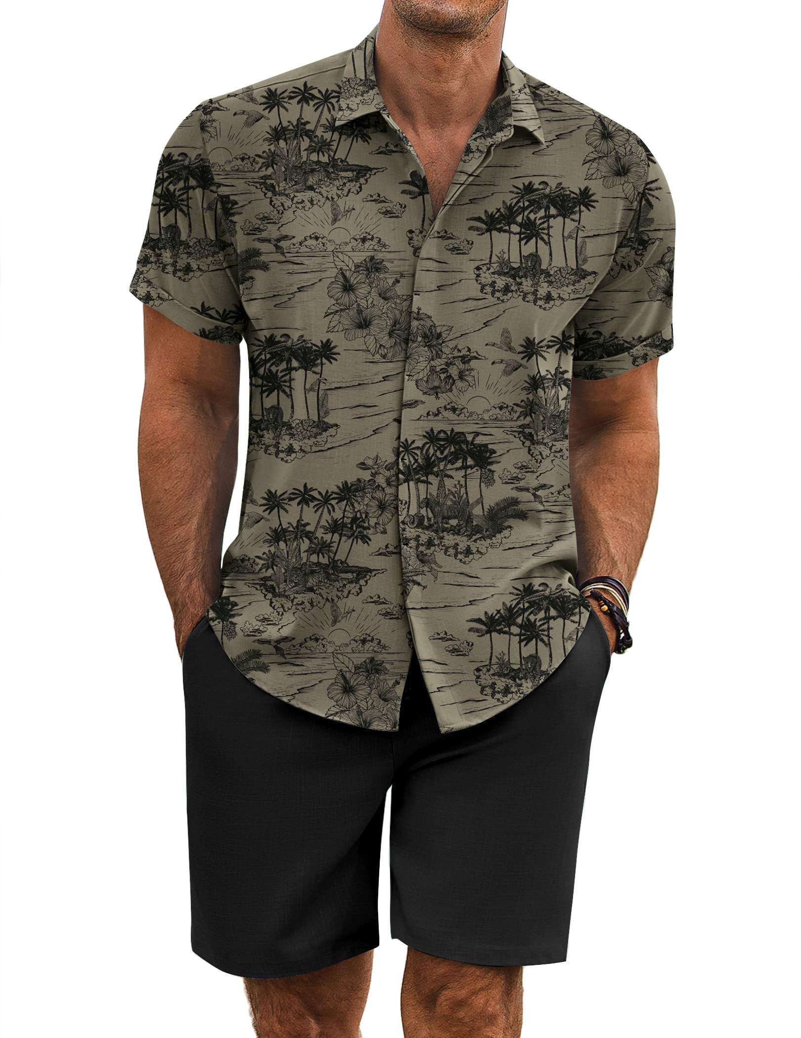 COOFANDY Men's Summer Beach Outfits 2 Piece Short Sleeve Shirts and Shorts Vacation Texture Linen Sets for Men