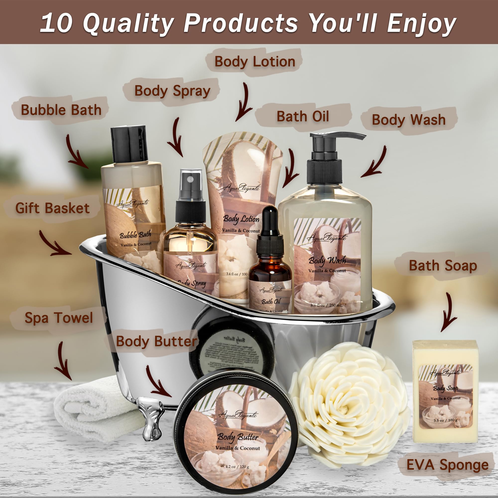 Spa Gift Baskets For Women - Luxury Bath Spa Kit Includes Body Wash, Bubble Bath, Lotion, Body Butter, Soap, Body Spray, Shower Puff, and Towel